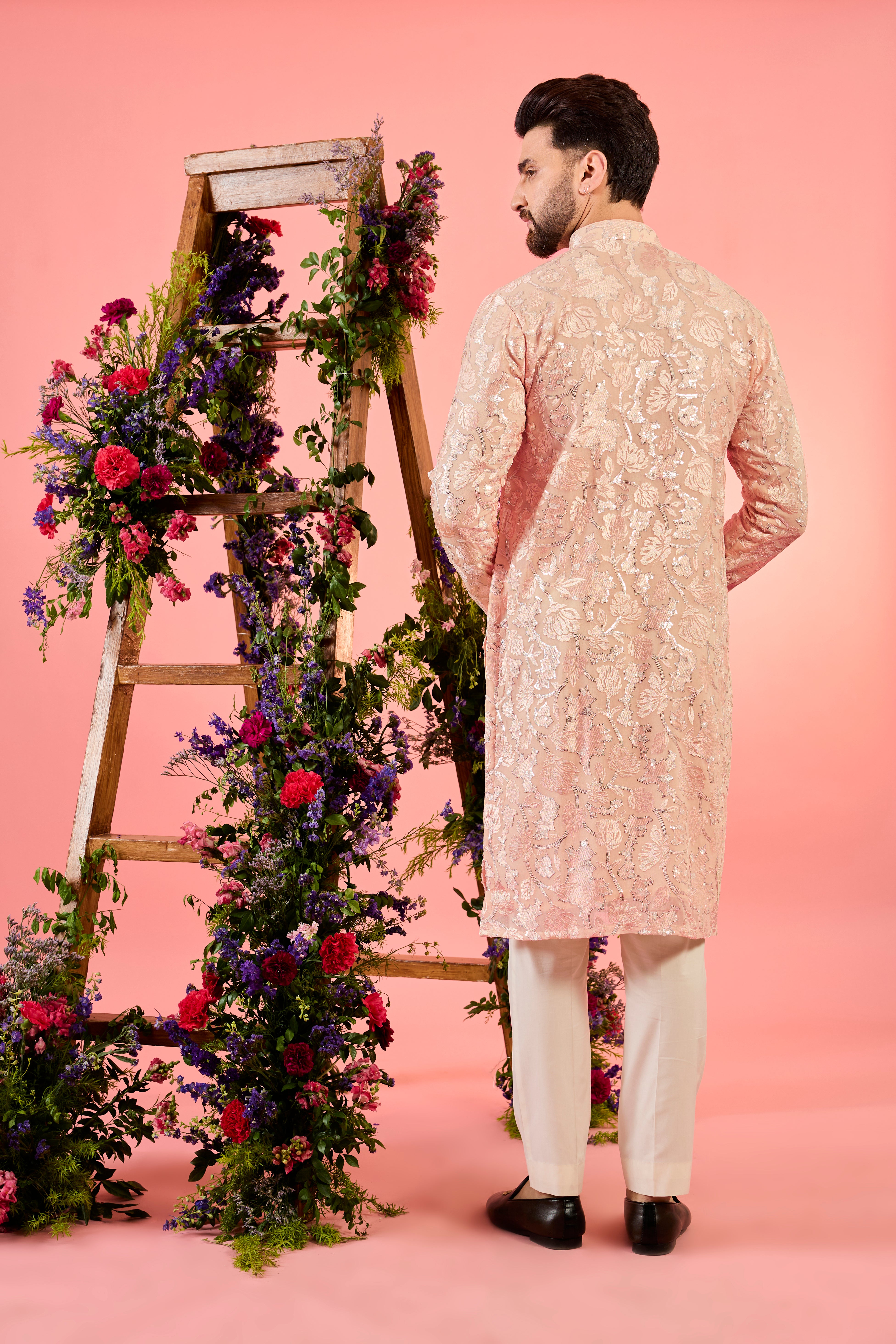 Peach Chinkari Kurta with Intricate Floral Embroidery - Elegant Indian Traditional Dress for Women - Perfect for Festivals, Weddings & Special Occasions