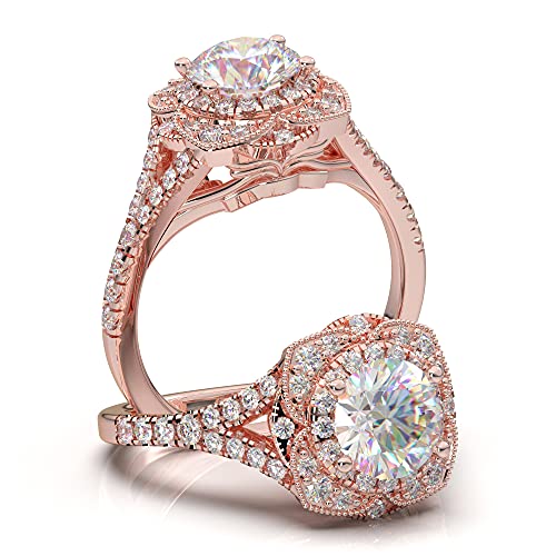 14K Rose Gold Double Halo Engagement Ring with Forever One Colorless Moissanite Center Stone - Vintage Floral Design Wedding Ring for Women, Perfect for Proposals, Anniversaries & Special Occasions