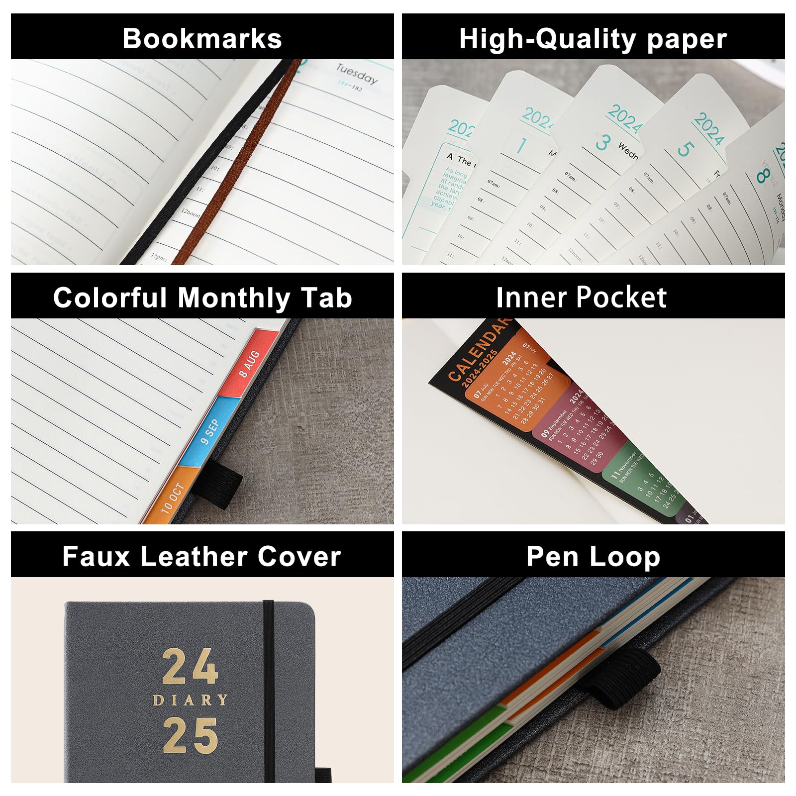 2024-2025 A5 Daily Planner Hardcover - Academic Diary July 2024 to June 2025 with Color Tabs, Pen Holder & Inner Pocket | 400 Ivory Thick Pages, Gold Foil | Perfect for Students, Professionals & Goal Tracking
