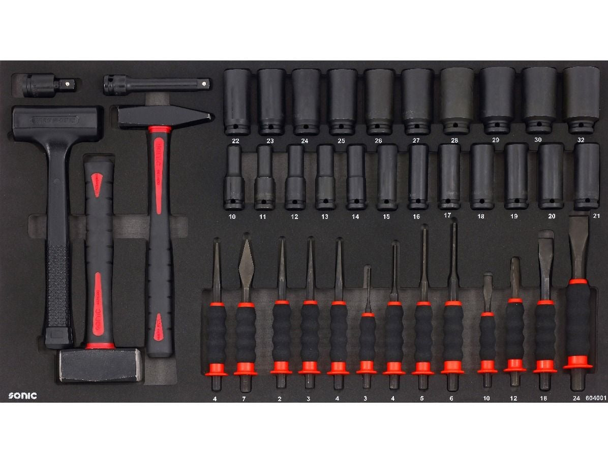 Sonic Foam System 40-Piece Chisel, Hammer & Impact Tool Set - 34 Large Pieces for Automotive, Construction & DIY Projects