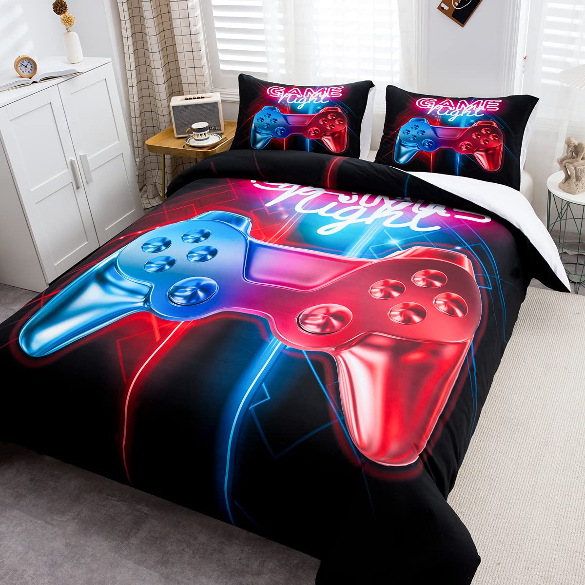 Gaming Comforter Set Twin Size - Ultra Soft Video Game Themed Bedding for Boys & Teens - Gamepad Design Duvet Cover + Pillowcase - Perfect for Kids Bedroom & Game Room Decor