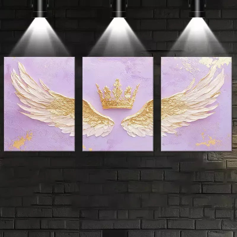 3-Piece Elegant Wing and Crown Wall Art Set - Pink Background Canvas Framed 50x70cm - High Quality Print - 100% Australian Made - Ready to Hang - Perfect for Living Room, Bedroom & Office Decor