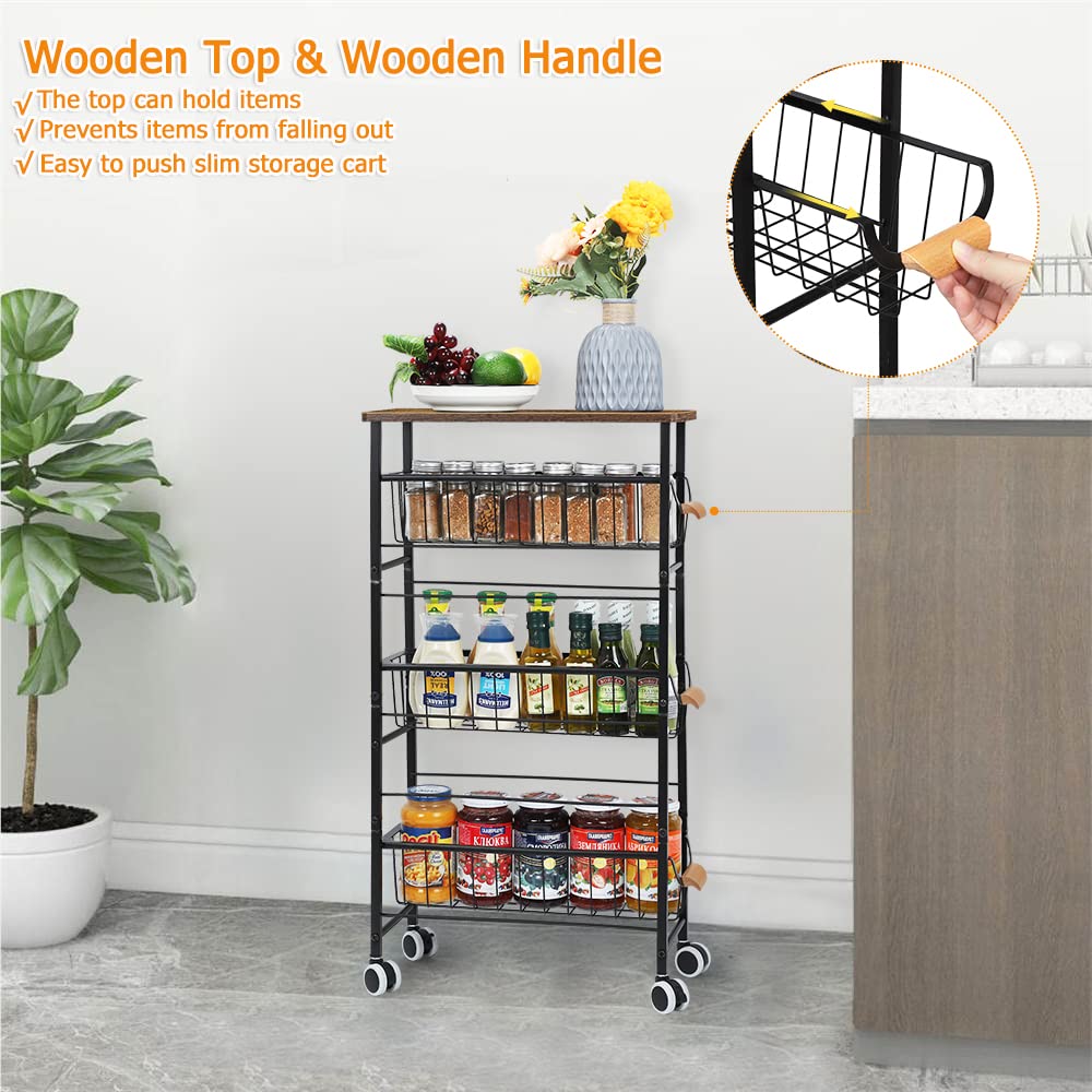 4-Tier Slim Rolling Storage Cart with Slide-Out Wire Baskets & Wooden Top - Narrow Kitchen Utility Cart with Wheels for Bathroom, Laundry, Kitchen - Perfect for Small Spaces, Apartments & Dorm Rooms