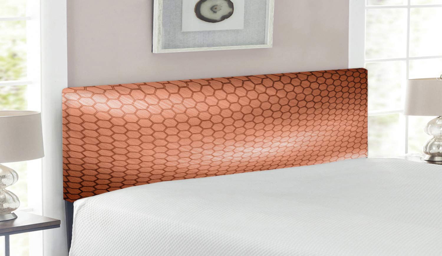 Ambesonne Abstract Hexagonal Comb Mesh Pattern Headboard with Wave Motion Effect - Upholstered Decorative Metal Bed Headboard with Memory Foam - Queen Size Pale Rust - Perfect for Modern Bedroom Decor & Guest Room Styling