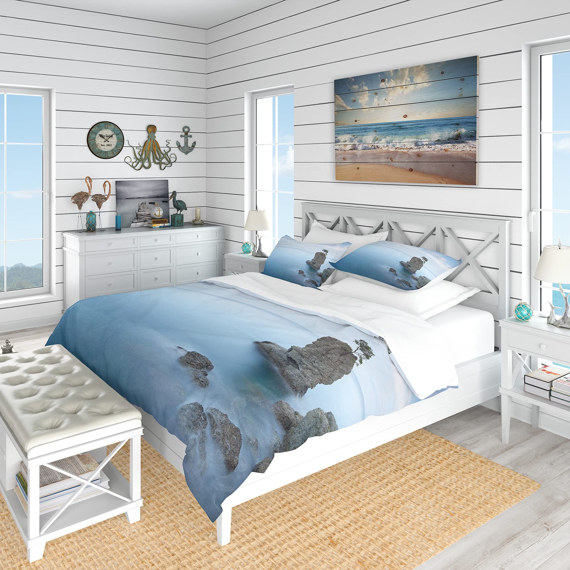 Pine Tree Rock Duvet Cover Set King - Nautical Coastal Bedding for Beach & All Seasons