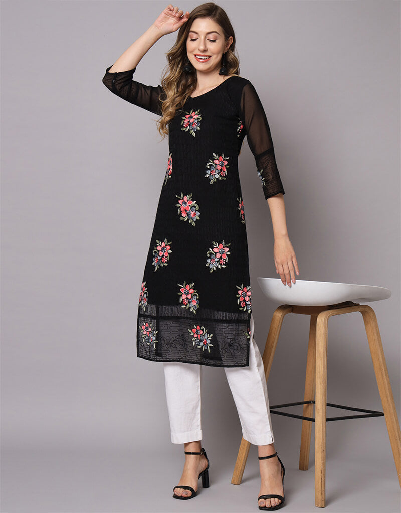 Elegant Black Georgette Straight Kurti for Women - Stylish Indian Tunic Top for Casual Wear, Office & Party Outfits