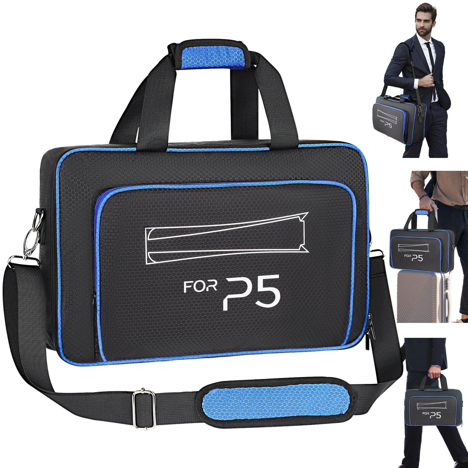 Premium Shockproof PS5 Slim & PS5 Travel Carrying Case - Compatible with PS5 Disc/Digital Edition & PS5 Slim - Durable Protective Bag for Gaming Console Storage & Travel (Black & Blue) - Perfect for Air Travel, Commuting & Home Storage