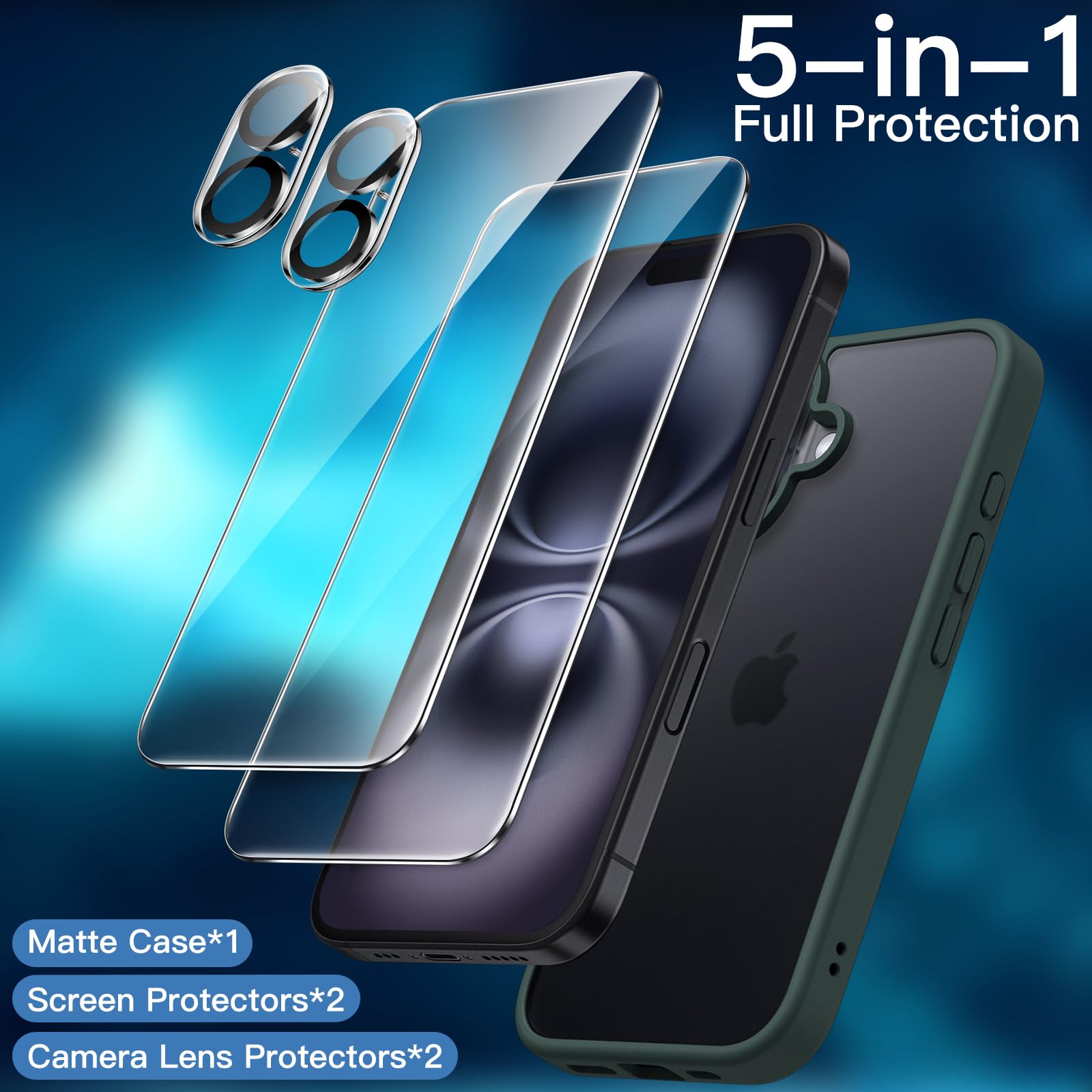JETech 5-in-1 Matte Case for iPhone 16 6.1-Inch - 2-Pack Tempered Glass Screen Protector + Camera Lens Protector | Shockproof Translucent Back Cover (Dark Green) | Perfect for Work, Travel & Outdoor Protection