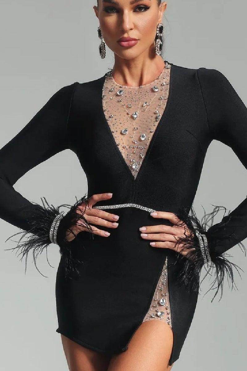 Elegant Black Feather Long Sleeve Bandage Cocktail Dress for Women - Perfect for Evening Parties, Date Nights & Special Occasions