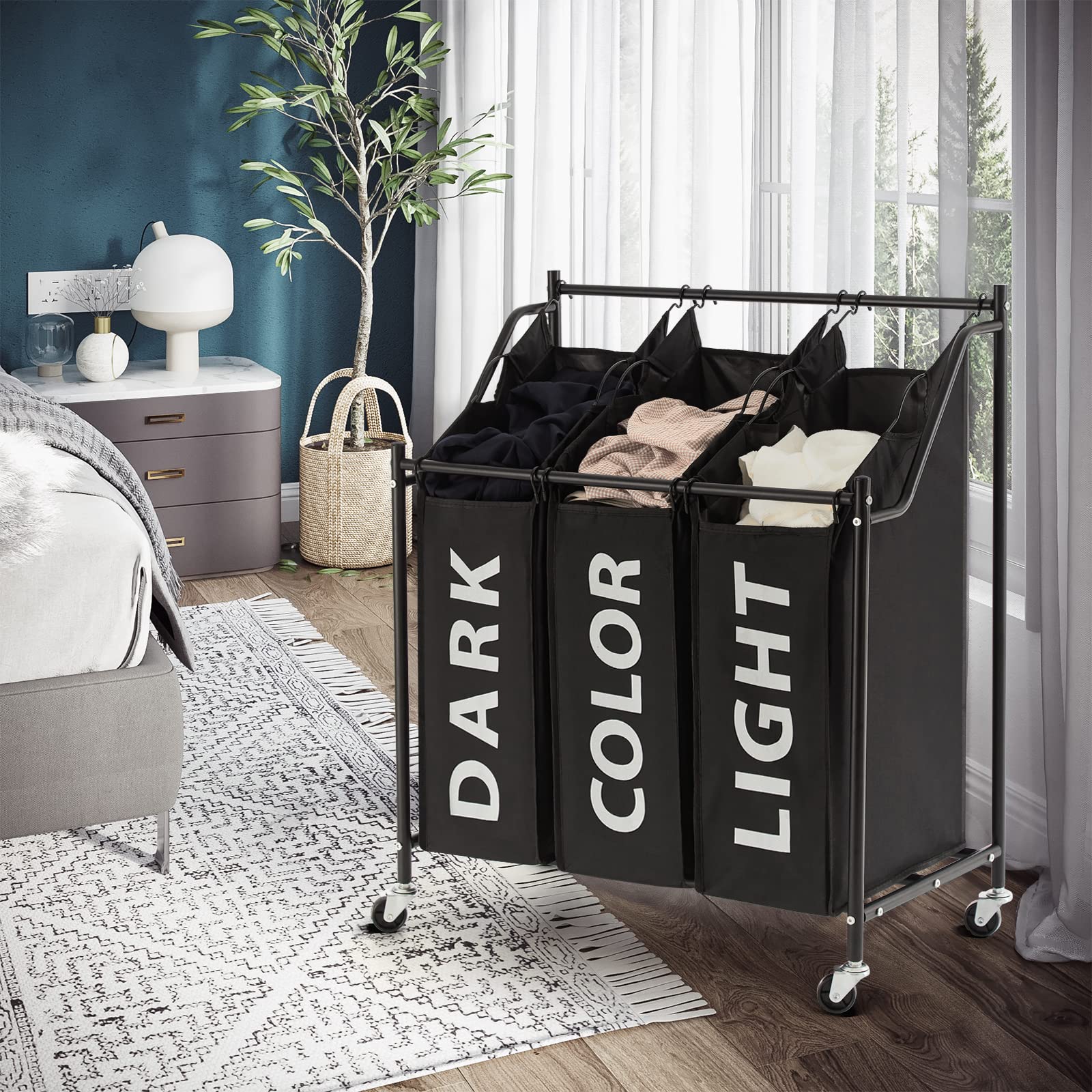 3-Section Laundry Hamper with Wheels & Removable Fabric Bags - 45L x 3, Metal Frame, Black - Perfect for Bedroom, Laundry Room & Dorm Organization