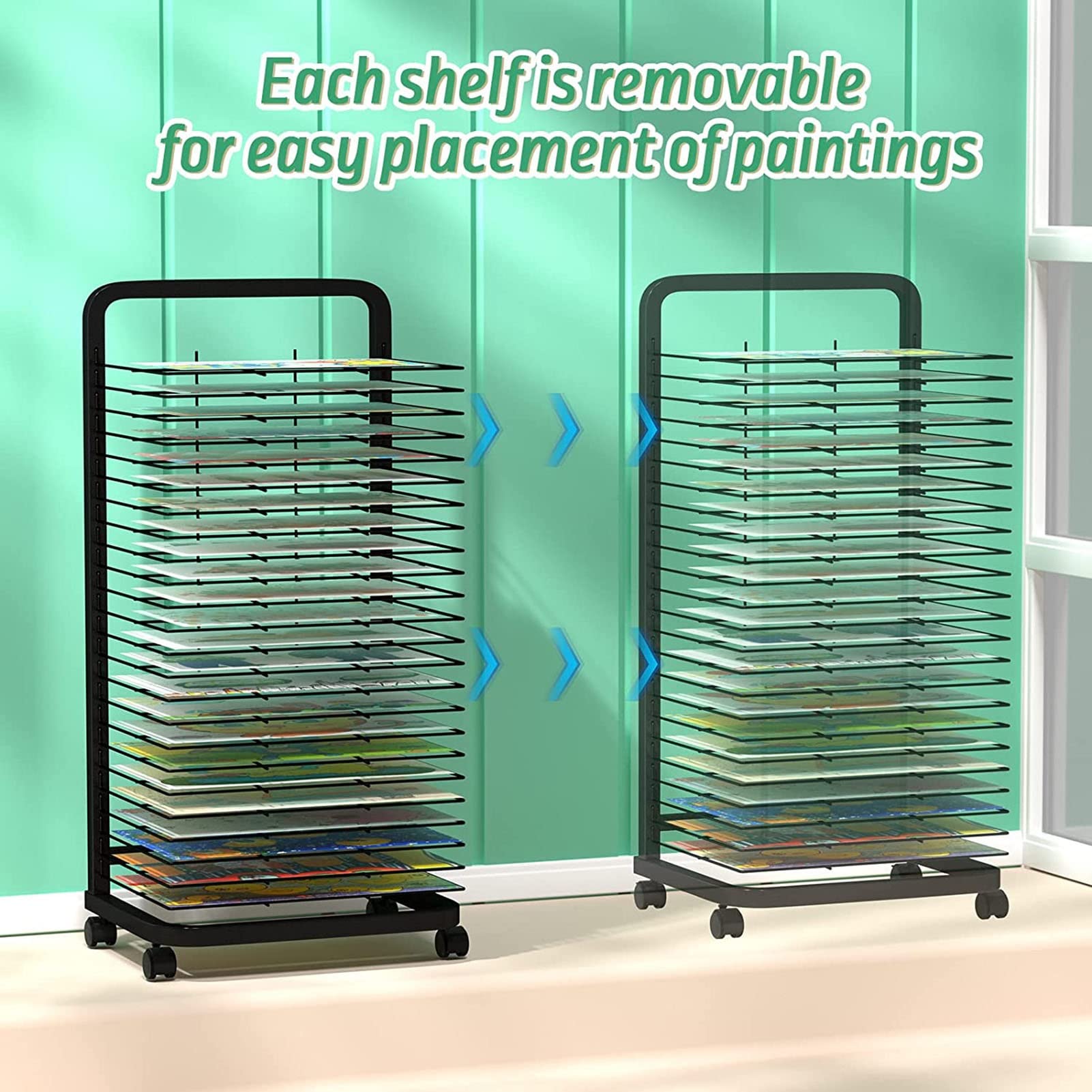 Sturdy Metal Art Drying Rack with Wheels - 25-Tier Power-Coated Painting & Craft Storage Display (44x42x90cm) - Perfect for Art Classrooms, Studios & School Art Clubs | Easy-Move Artwork Organizer for Wet Paintings & Student Projects