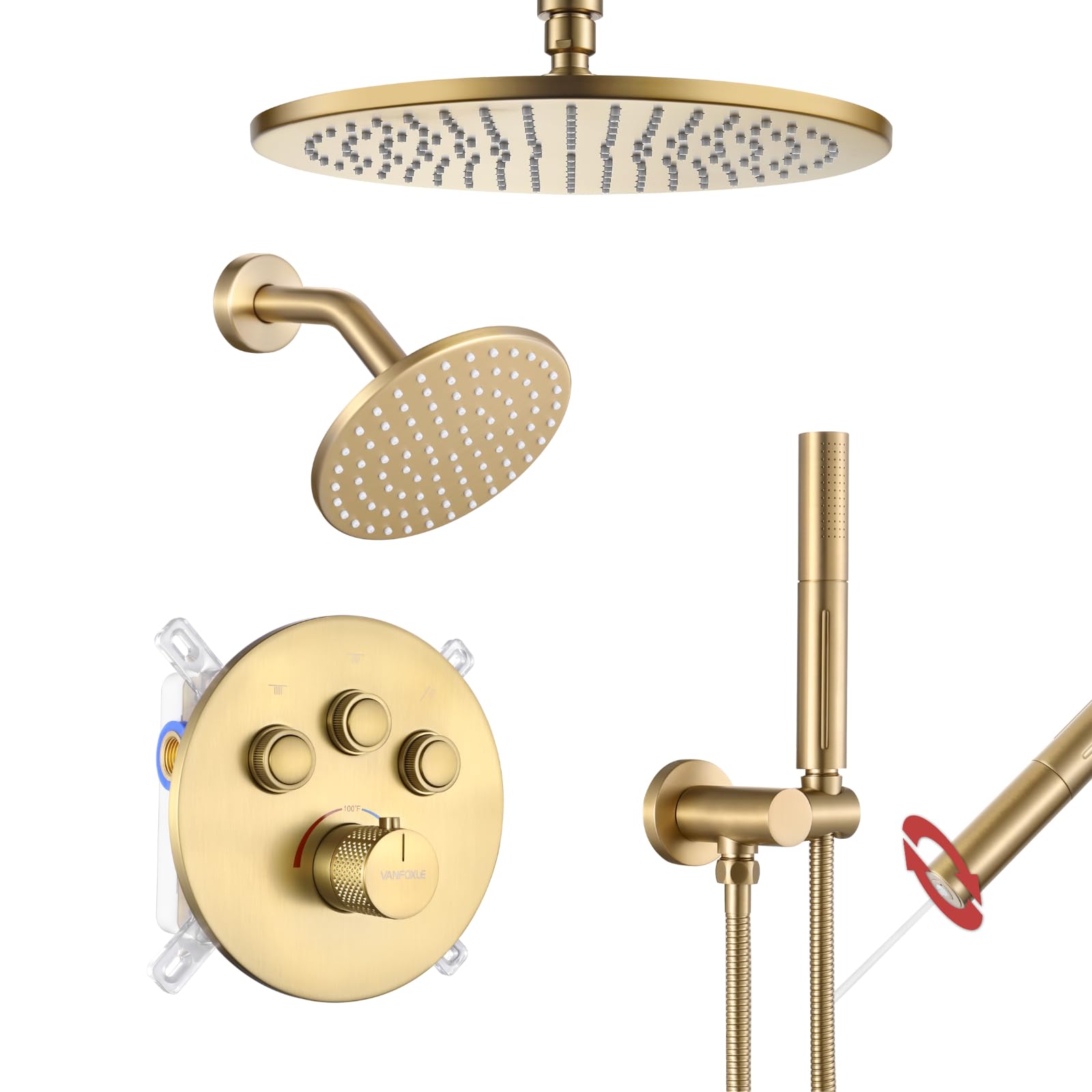 VANFOXLE Thermostatic Shower Faucet Set - Brushed Gold Shower System with Push Button Diverter, 2-in-1 Handheld Shower Head & 12 Inch Ceiling Mount Rain Shower Head - Perfect for Modern Bathroom Renovation and Luxury Spa Experience
