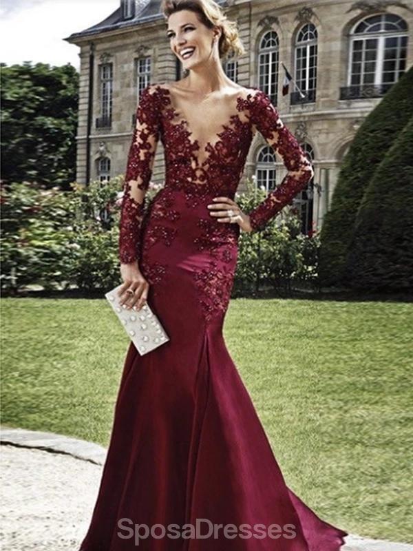 Elegant Maroon Long Sleeve Scoop Neck Lace Mermaid Prom Dress for Evening Parties & Formal Events | Perfect for Homecoming, Wedding Guest & Special Occasions