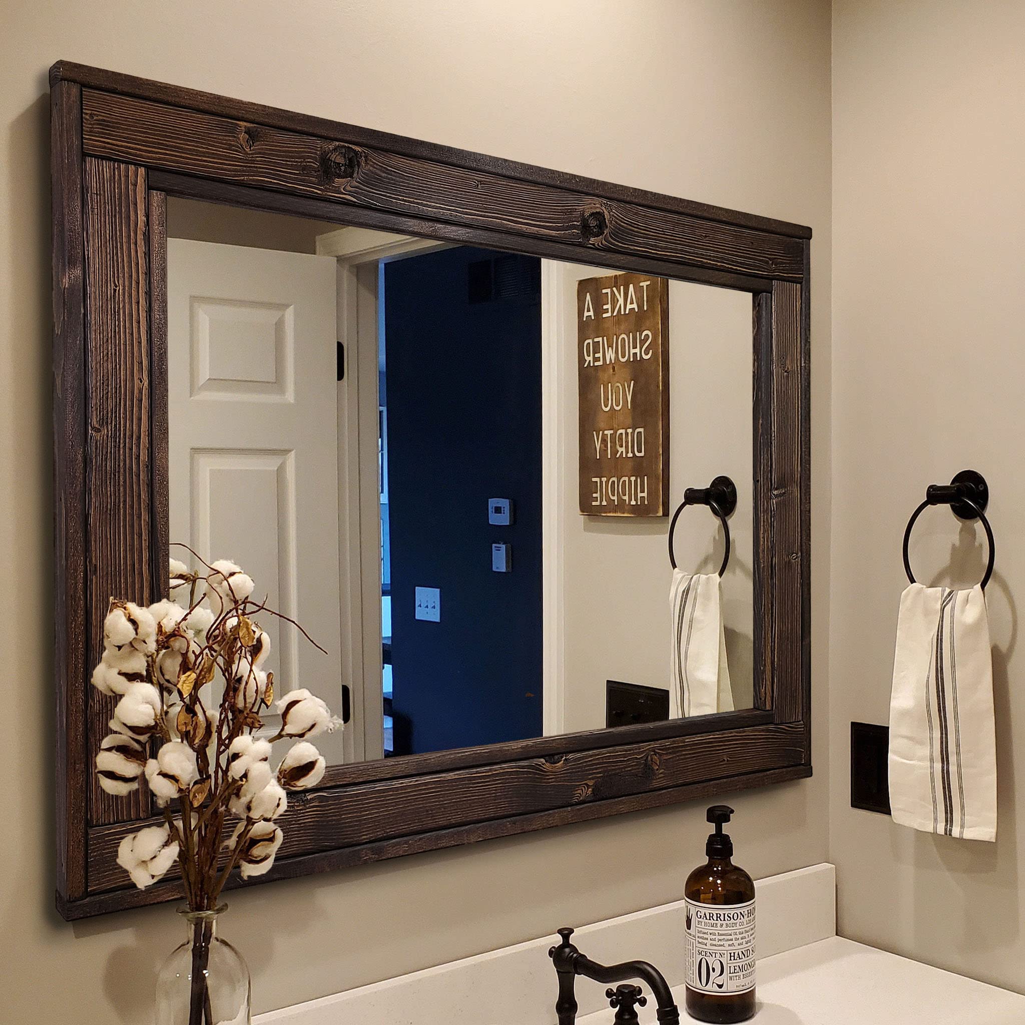 Reclaimed Wood Herringbone Framed Mirror - 5 Sizes & 20 Stain Colors (Jacobean Shown) - Rustic Wall Mirror for Living Room, Bedroom, Bathroom & Vanity - Large Framed Mirror for Home Decor