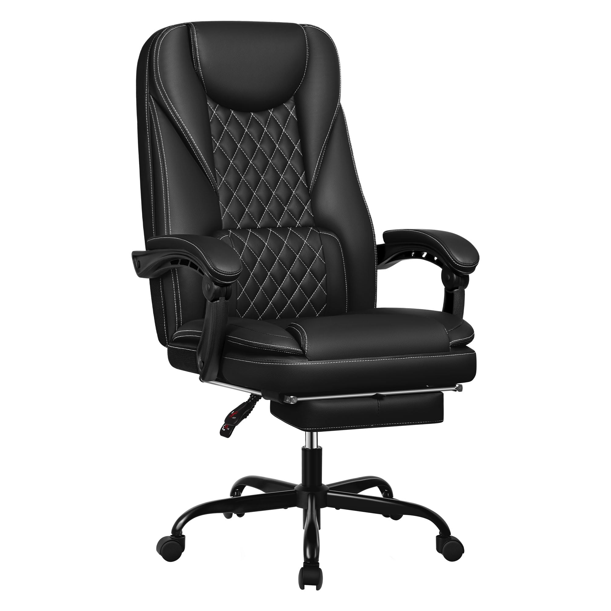 Guessky Executive Office Chair - Ergonomic Leather Reclining Big & Tall Desk Chair with Footrest, High Back, Lumbar Support & Padded Armrests for Home Office (Black) - Perfect for Long Work Hours, Gaming & Conference Calls