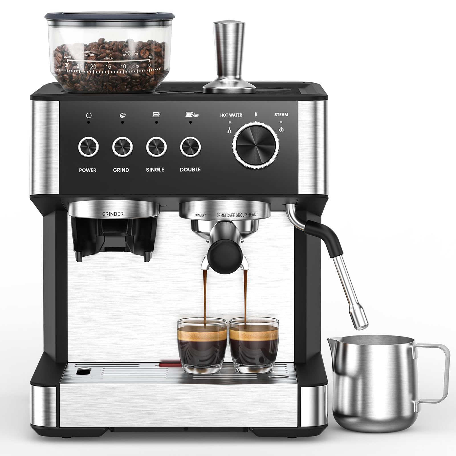 Professional 20 Bar Espresso Machine with Built-in Grinder & Milk Frother Steam Wand - Removable Water Tank for Easy Cleaning - Perfect for Home Baristas Making Cappuccino, Latte & Espresso - Ideal for Kitchens, Offices & Coffee Shops