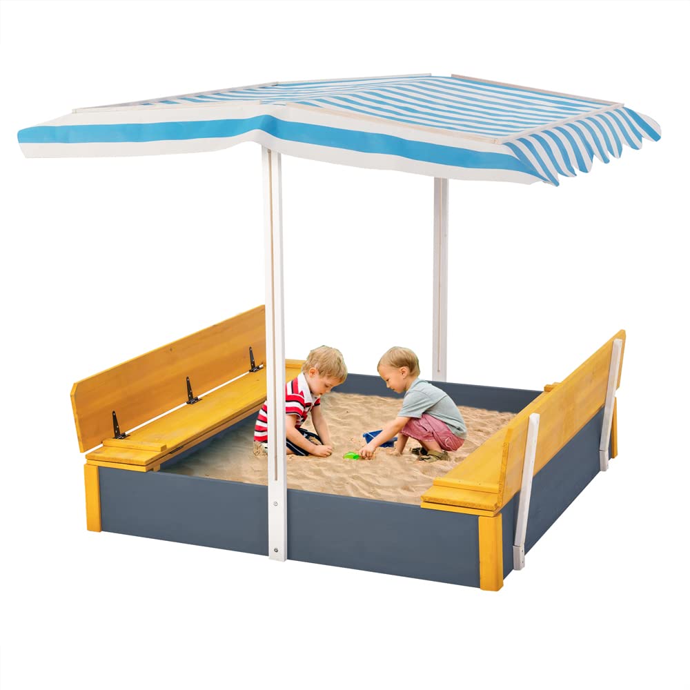 Kids Wooden Sandbox with Cover & 2 Foldable Bench Seats - Outdoor Sand Pit for Backyard Play Ages 3-8 | Adjustable Rotatable Canopy for Sun Protection - Perfect for Garden, Patio & Preschool Play Areas
