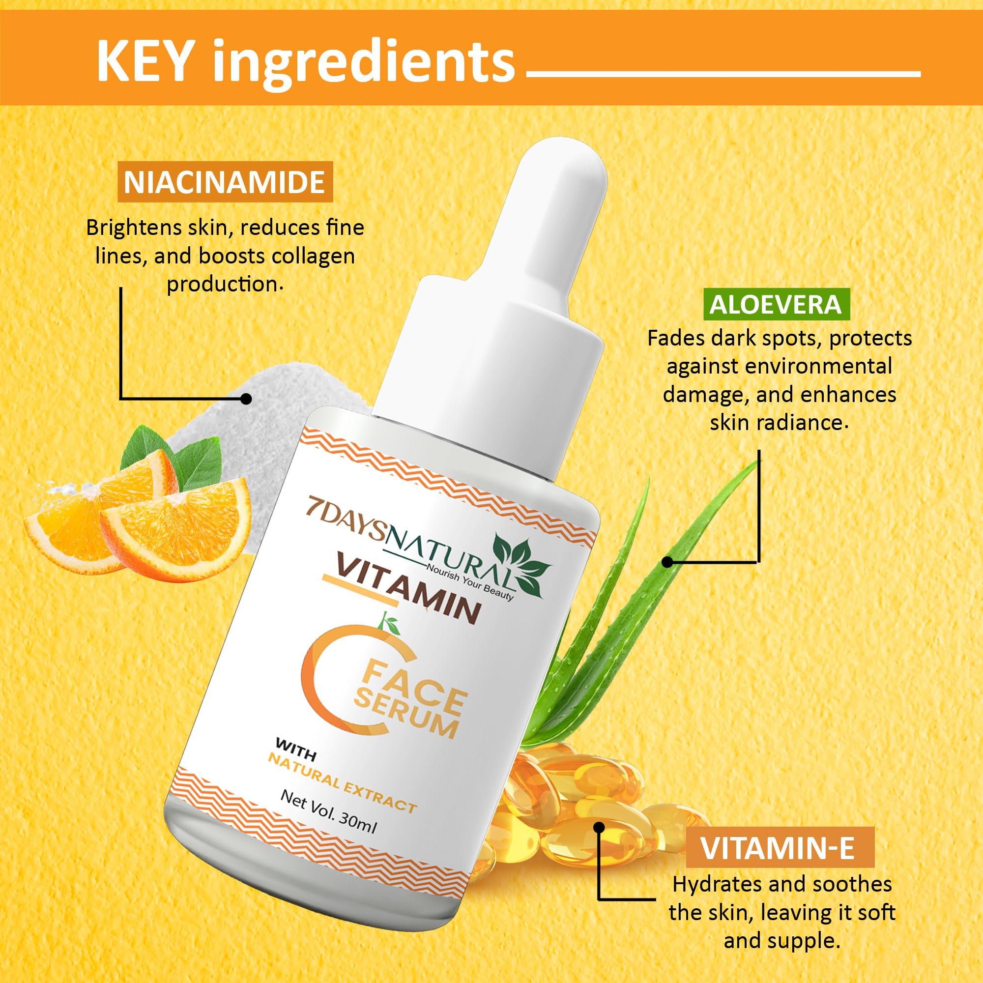 7 DAYS Vitamin C Face Serum with 2% Niacinamide - Brightens Skin Instantly, Reduces Dark Spots & Hyperpigmentation | Anti-Aging Facial Treatment for Glowing Skin | Day & Night Use for All Skin Types