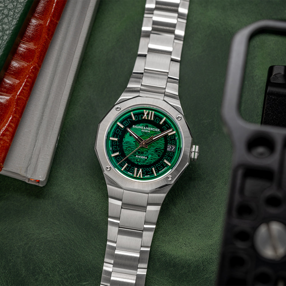 Riviera 10770 Baumatic 39mm Green Dial Men's Watch with Stainless Steel Bracelet - Perfect for Business, Formal Events & Luxury Gift Giving