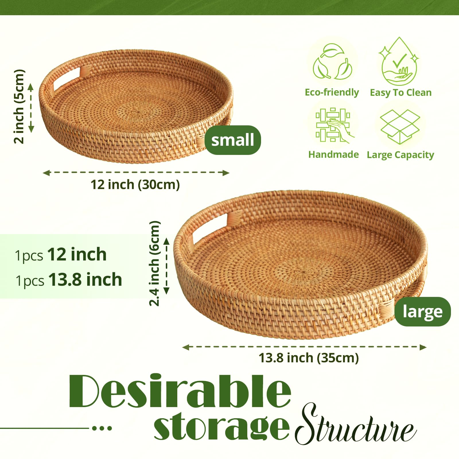 Handwoven 13.8'' Round Rattan Tray - Natural Wicker Coffee Table Tray with Handles - Ottoman Serving Tray for Living Room, Bedroom & Outdoor Use - Eco-Friendly Home Decor Accessory