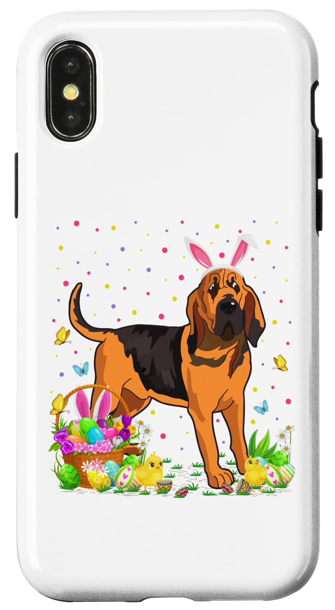iPhone X/XS Bloodhound Dog Bunny Easter Egg Hunting Phone Case - Cute Protective Cover for iPhone X/XS - Perfect for Easter Sunday, Dog Lovers & Outdoor Adventures