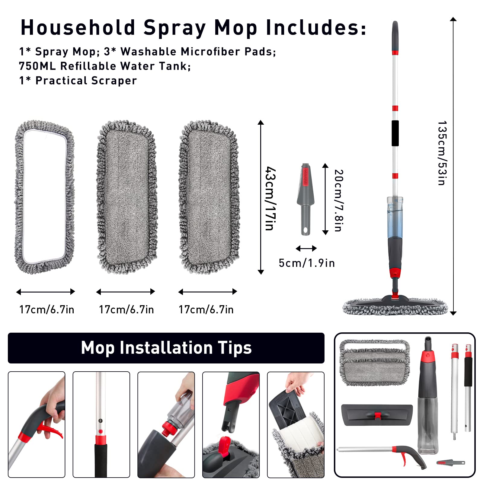 Homgif Spray Mop, 135cm Spray Mop Floor Cleaner with 750ml Spray Bottle & 3 Reusable Pads - Ideal for Hardwood, Laminate, Tile & Ceramic Floors - Perfect for Home, Kitchen & Office Cleaning