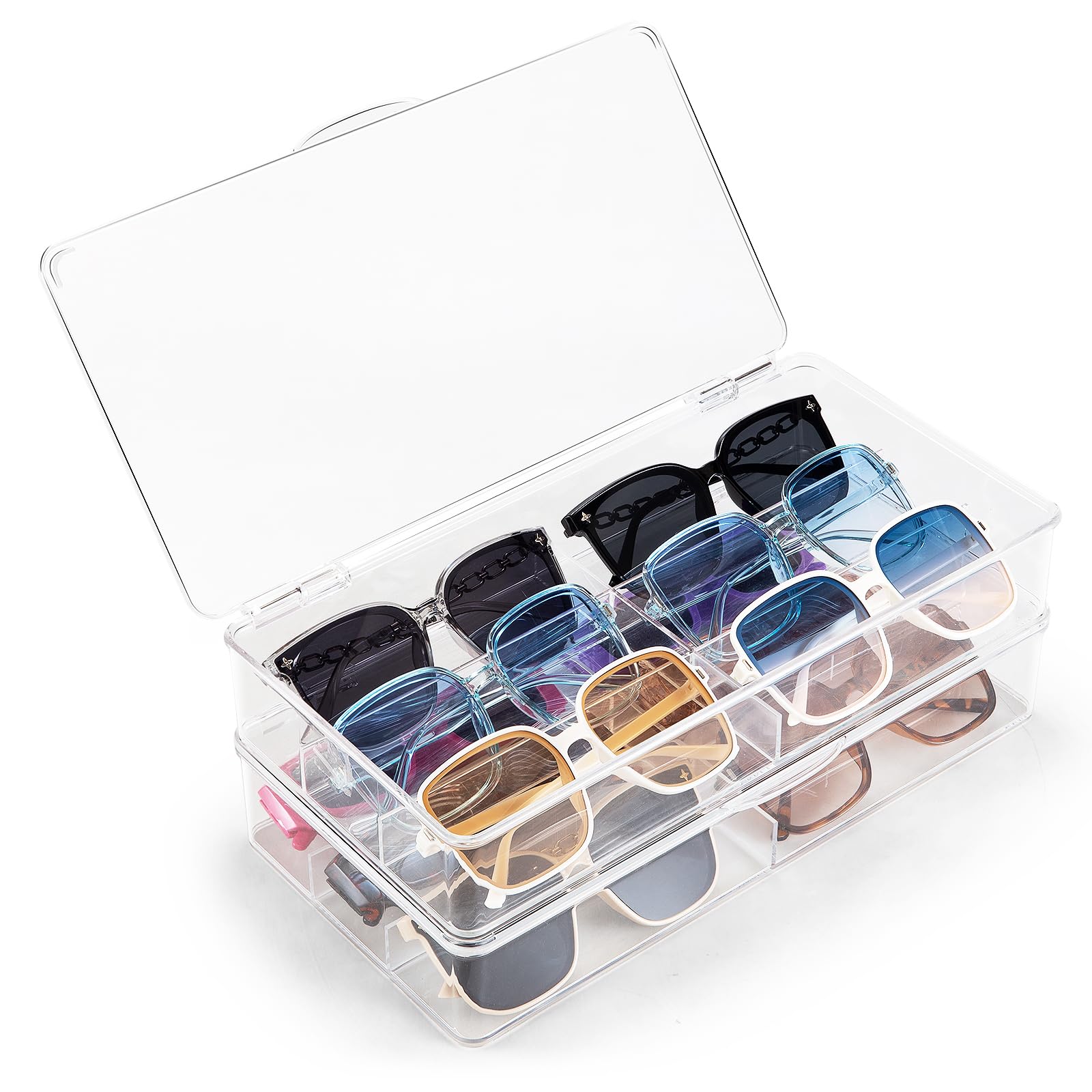 BOPai Acrylic Sunglasses Organizer with Lid - Stackable Eyeglass Storage Case for Men & Women - 2 Pack - Perfect for Travel, Home, Office, and Car Organization