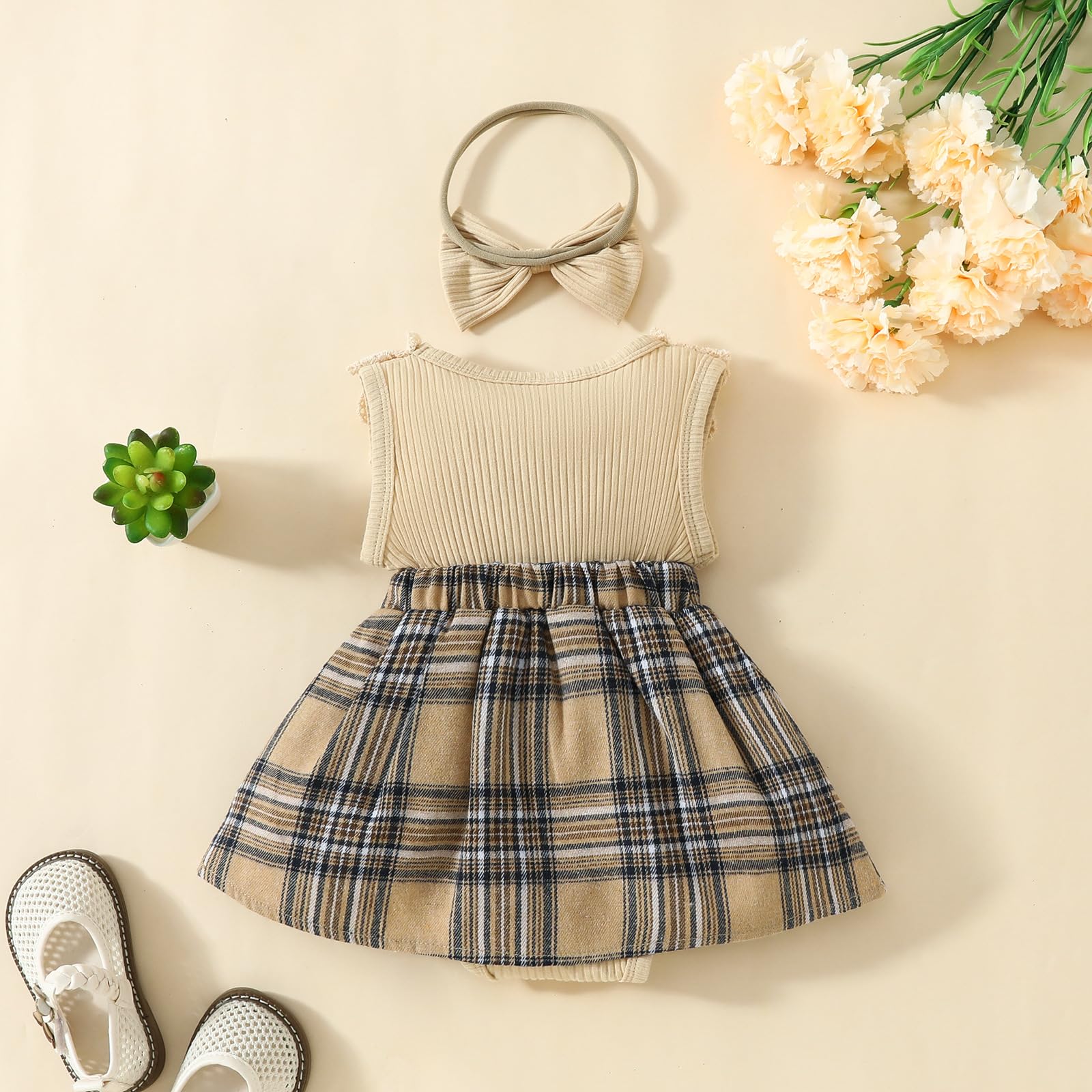 Newborn Baby Girl Clothes - Spring Summer Sleeveless Romper & Floral Plaid Dress Set with Headband | Cute Outfits for Photoshoot, Party & Daily Wear