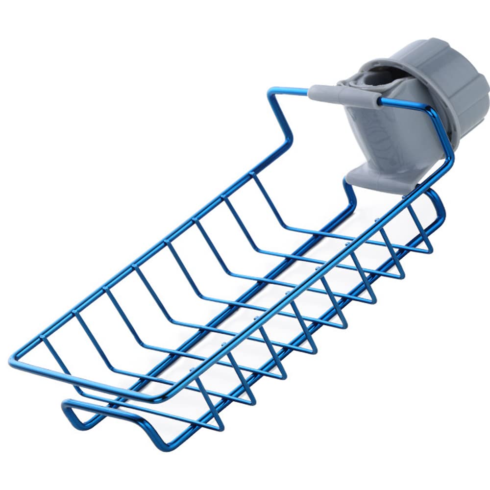 Stainless Steel Faucet Sponge Holder - Over Sink Organizer Rack with Drain Tray - Space Saving Kitchen Sink Caddy for Sponges & Brushes (Blue) - Perfect for Small Kitchens & RVs