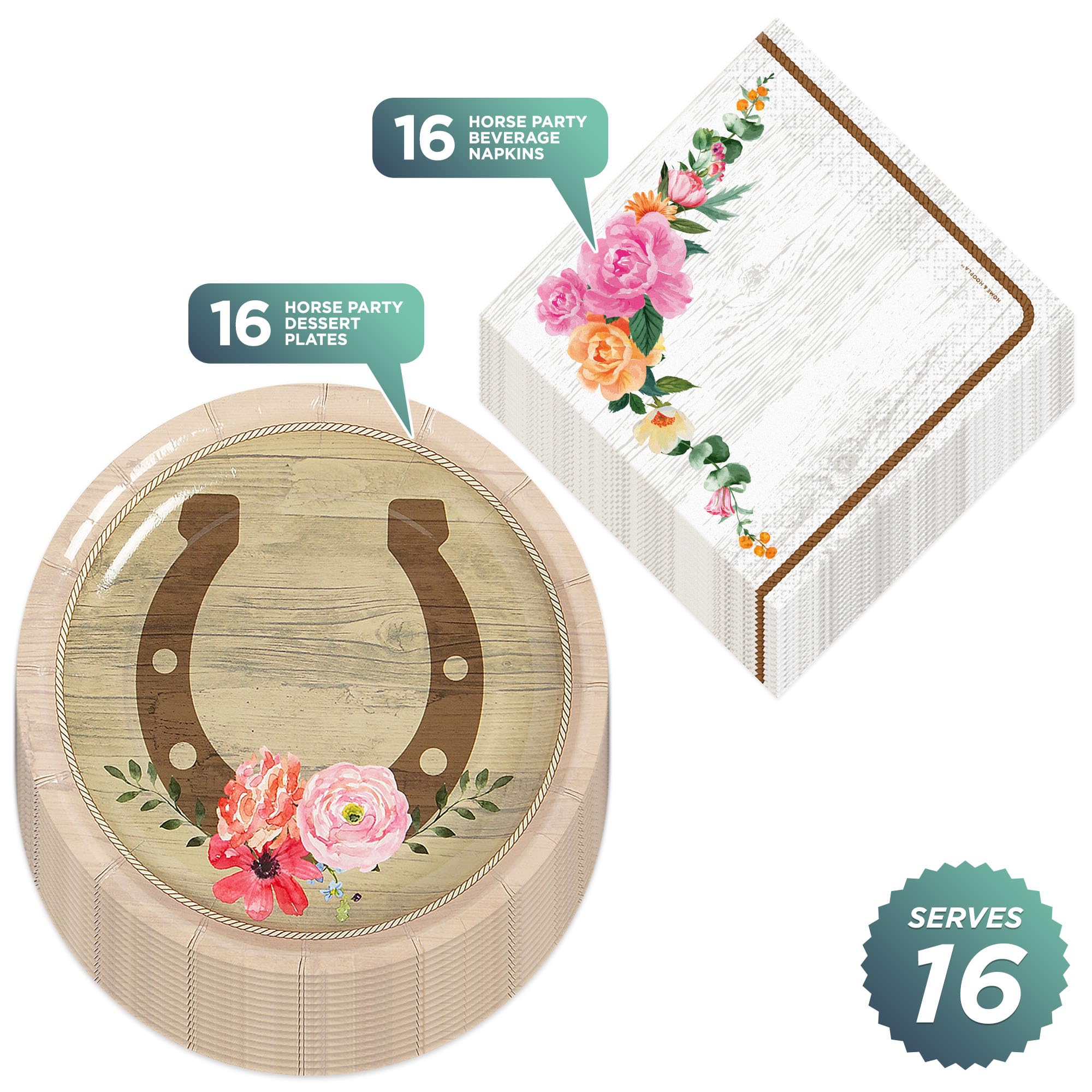 Farmhouse Floral Horseshoe Paper Dessert Plates & Napkins Set - 16-Piece Horse Party Tableware for Birthday, Baby Shower & Western Themed Events