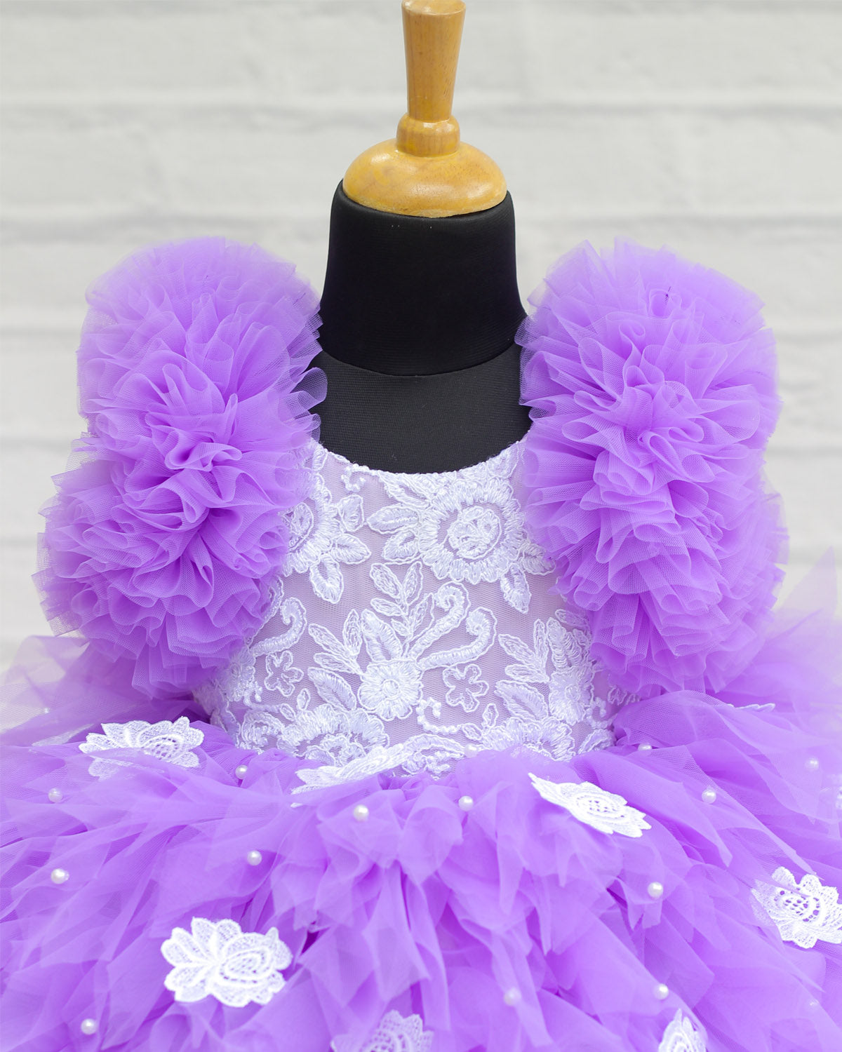 Pre Order: Dark Lavender Feather Frilled Gown with Embroidery Yoke & Floral Patch Embellishments - Perfect for Evening Galas, Weddings & Special Occasions
