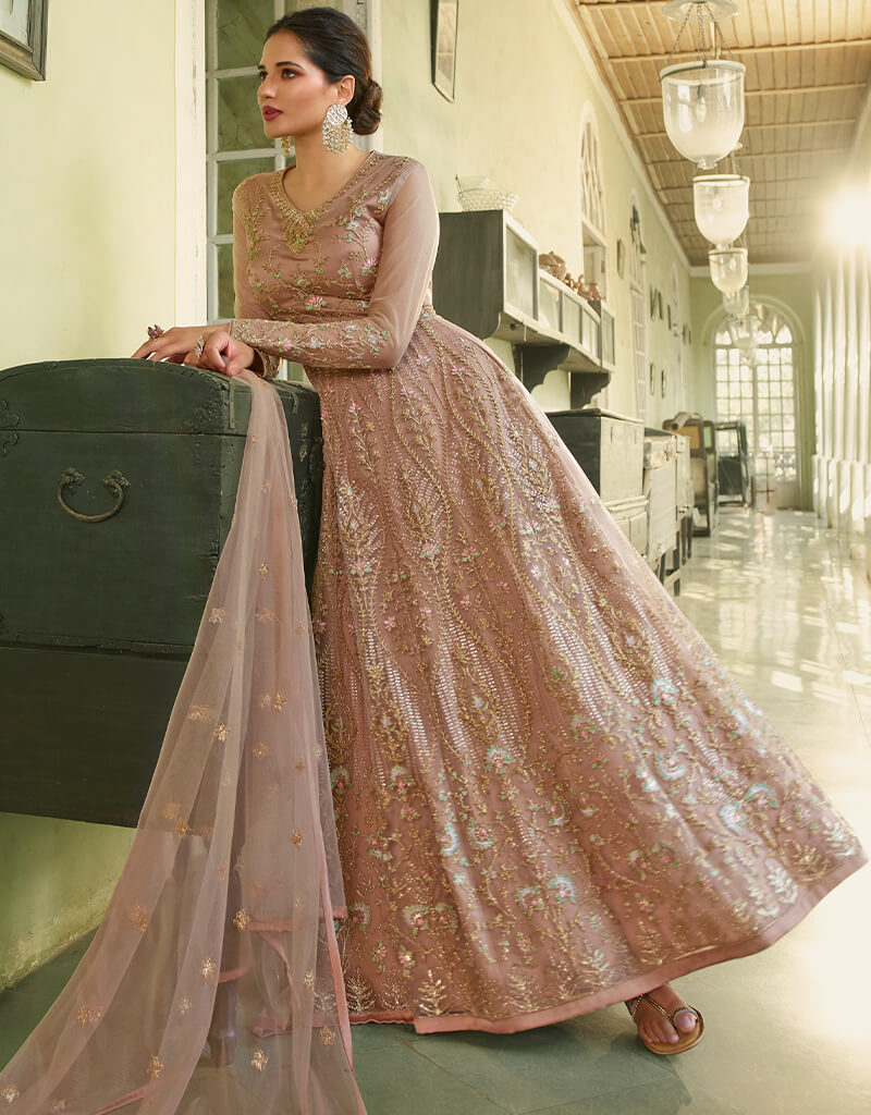 Elegant Beige Anarkali Style Gown Semi-Stitched Suits for Women - Perfect for Weddings, Parties & Festive Occasions