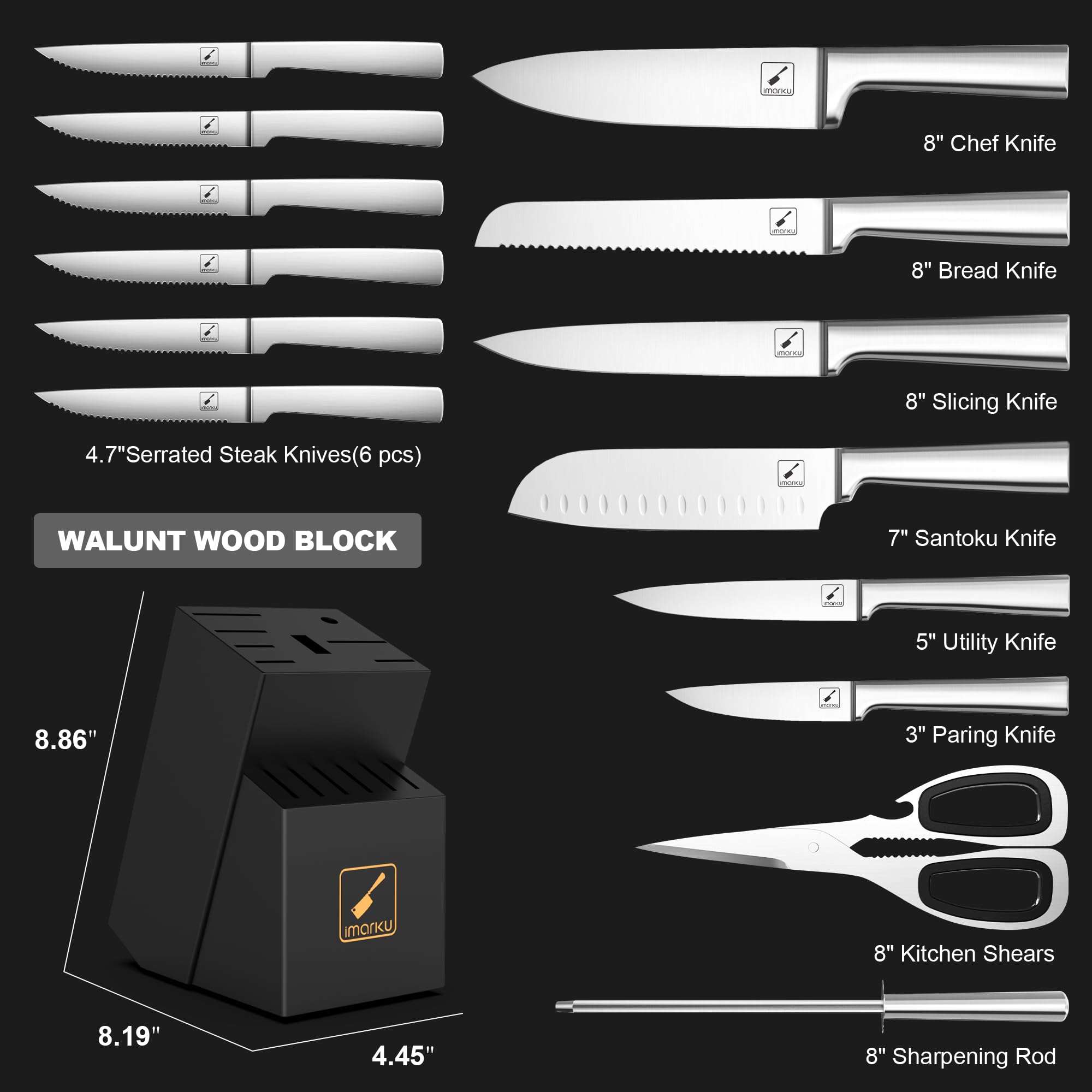 IMARKU 15-Piece Japanese High Carbon Stainless Steel Knife Set - Ultra Sharp Professional Chef Knives with Block for Kitchen | Dishwasher Safe & Well Balanced | Perfect for Home Cooking, Restaurant Use & Culinary Gifts