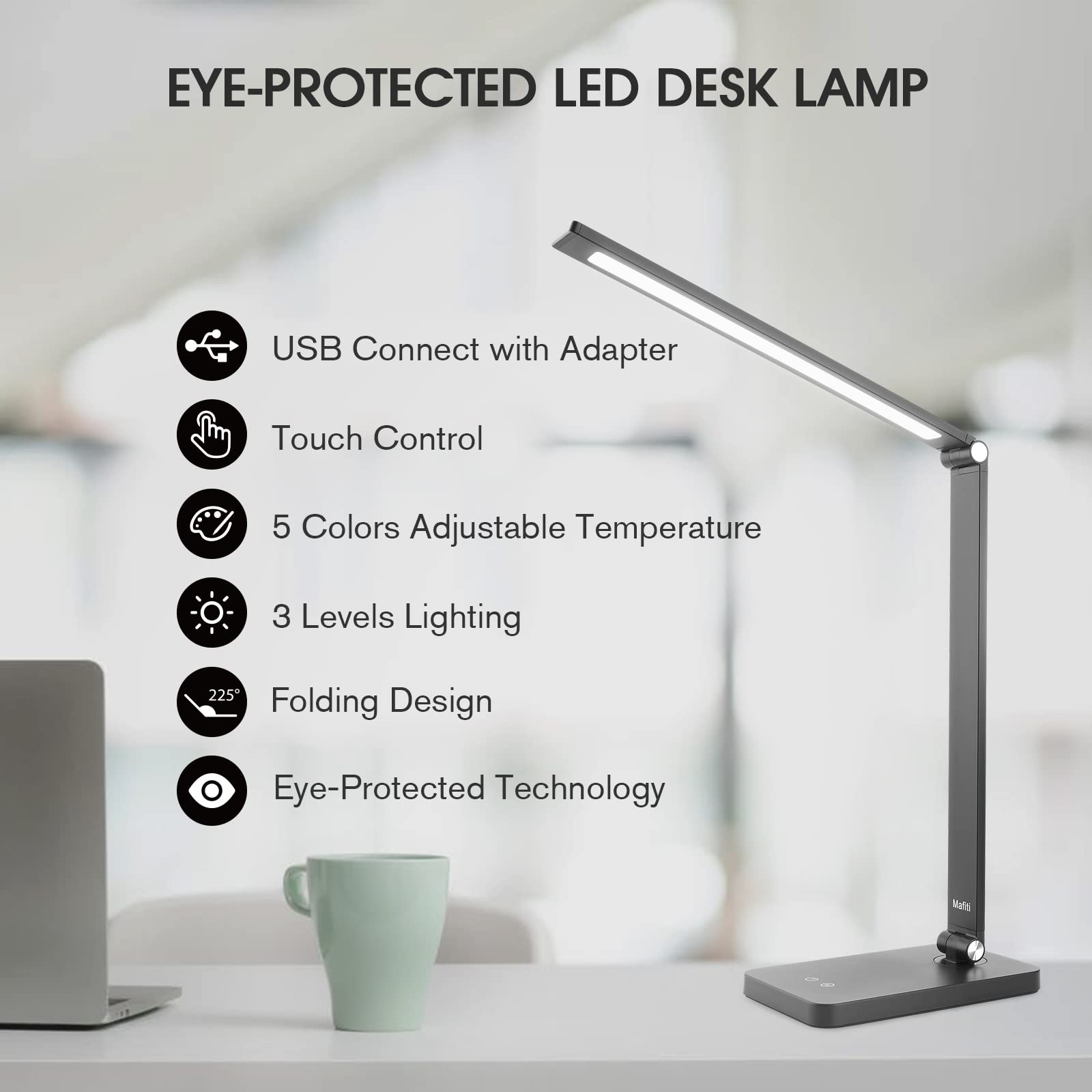 Mafiti LED Desk Lamp with 5 Light Modes & 3 Brightness Levels - Adjustable Arm Foldable Table Lamp for Home Office, Reading & Study - Eye-Caring USB Touch Light for Bedside, Workspace & Nightstand - Black