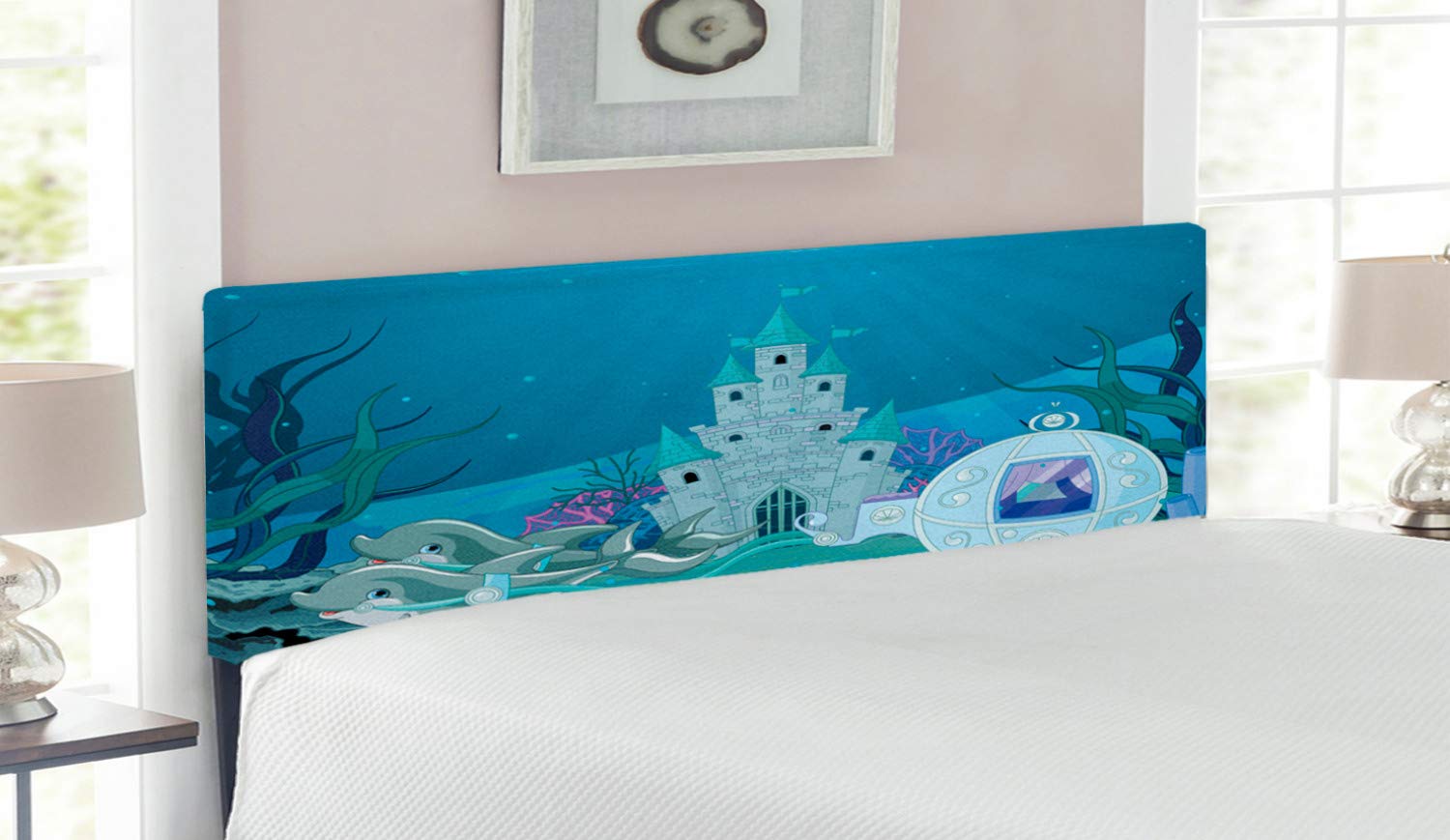 Ambesonne Ocean Themed Queen Size Headboard - Mermaid Castle with Dolphins, Moss Fish & Sun Beams Art Print | Upholstered Decorative Metal Bed Frame with Memory Foam in Turquoise Pale Blue Teal | Perfect for Beach House, Coastal Decor & Kids' Underwater Themed Bedrooms