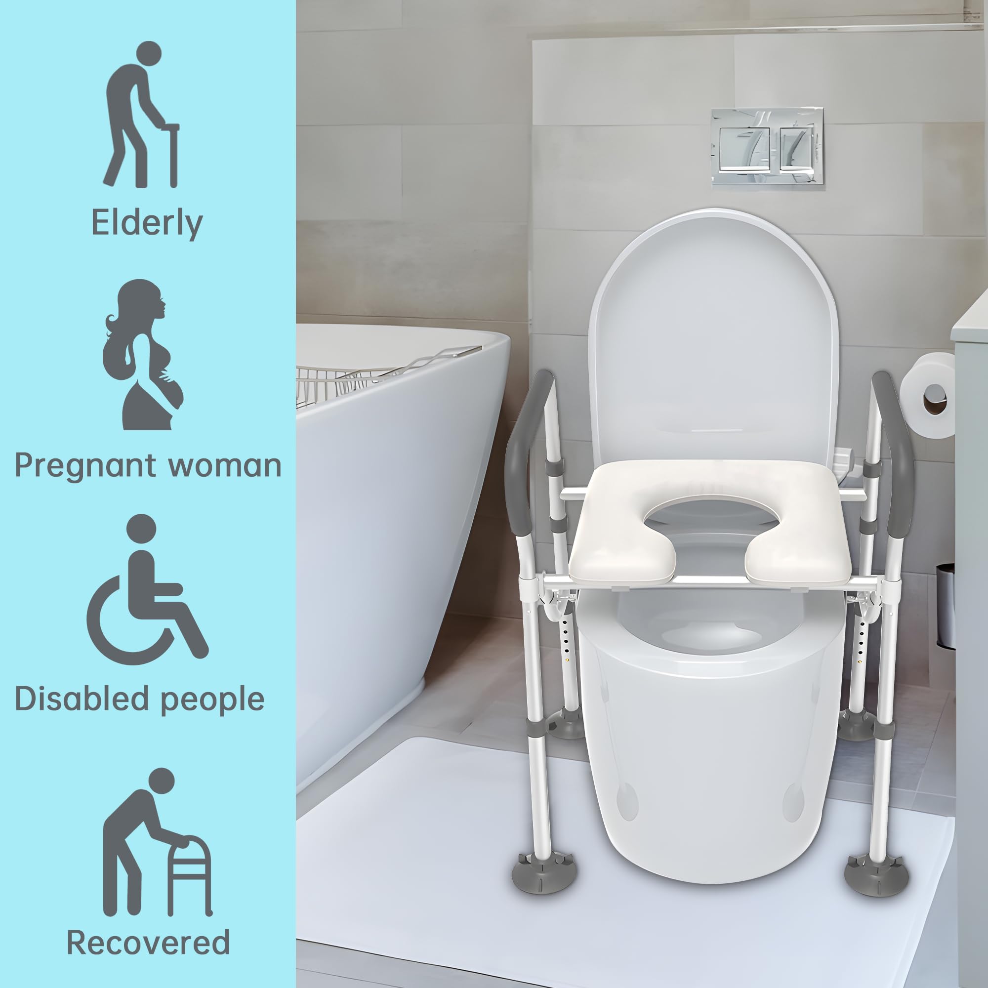 **Soft Padded Raised Toilet Seat with Handles - Adjustable Height Toilet Seat Riser for Seniors, Elderly, Pregnant & Handicap - Bathroom Safety Frame with Non-Slip Grip - Ideal for Post-Surgery, Mobility Issues & Home Care**    *(Use Cases: Perfect for elderly care, post-surgery recovery, pregnancy support, and handicap accessibility at home.)*