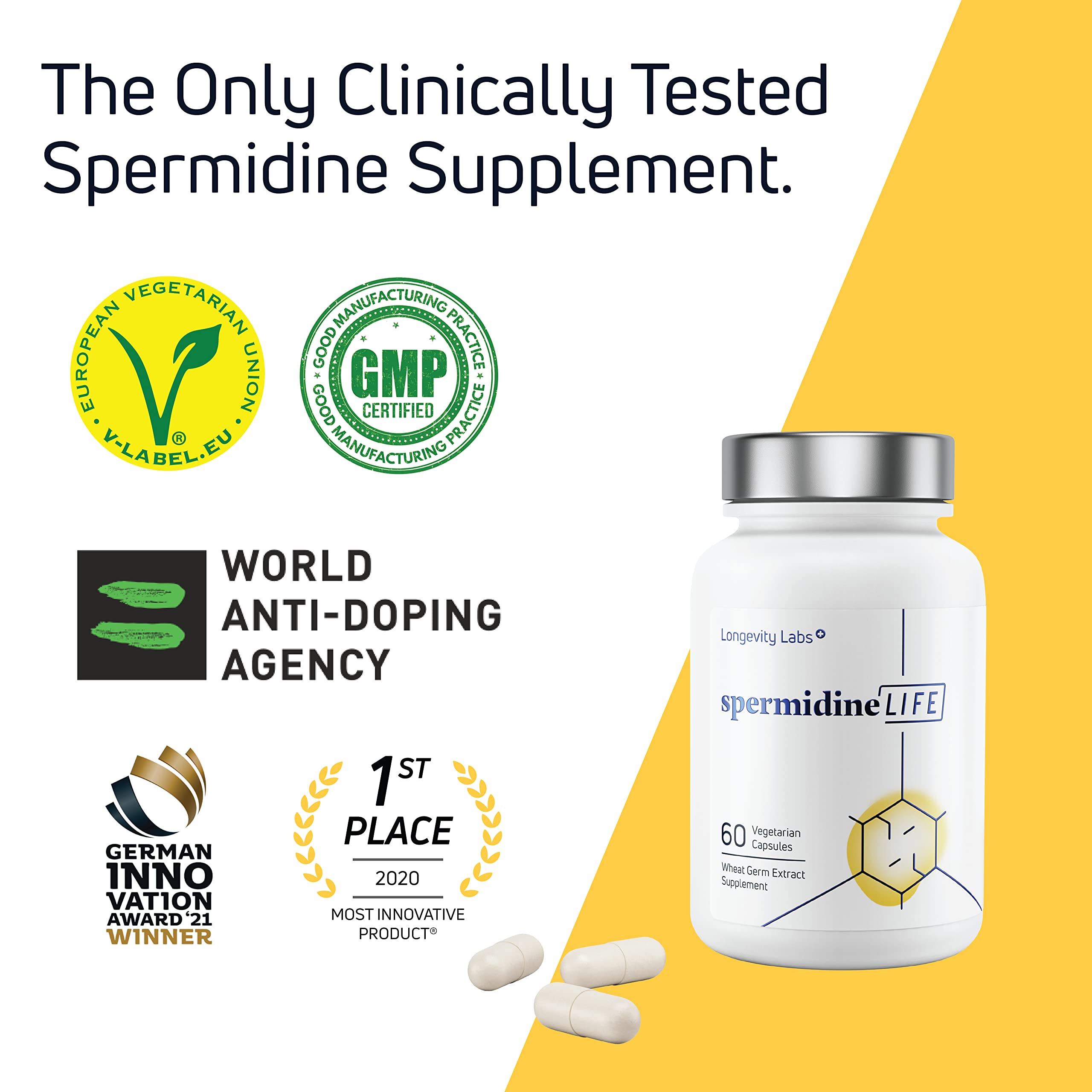 SpermidineLIFE Natural Plant-Based Wheat Germ Extract Supplement - High Spermidine & Zinc for Cellular Renewal, Anti-Aging, Vegan Capsules (120 Count) - Supports Longevity & Healthy Aging for Men & Women - Perfect for Daily Wellness Routine & Anti-Aging Regimen