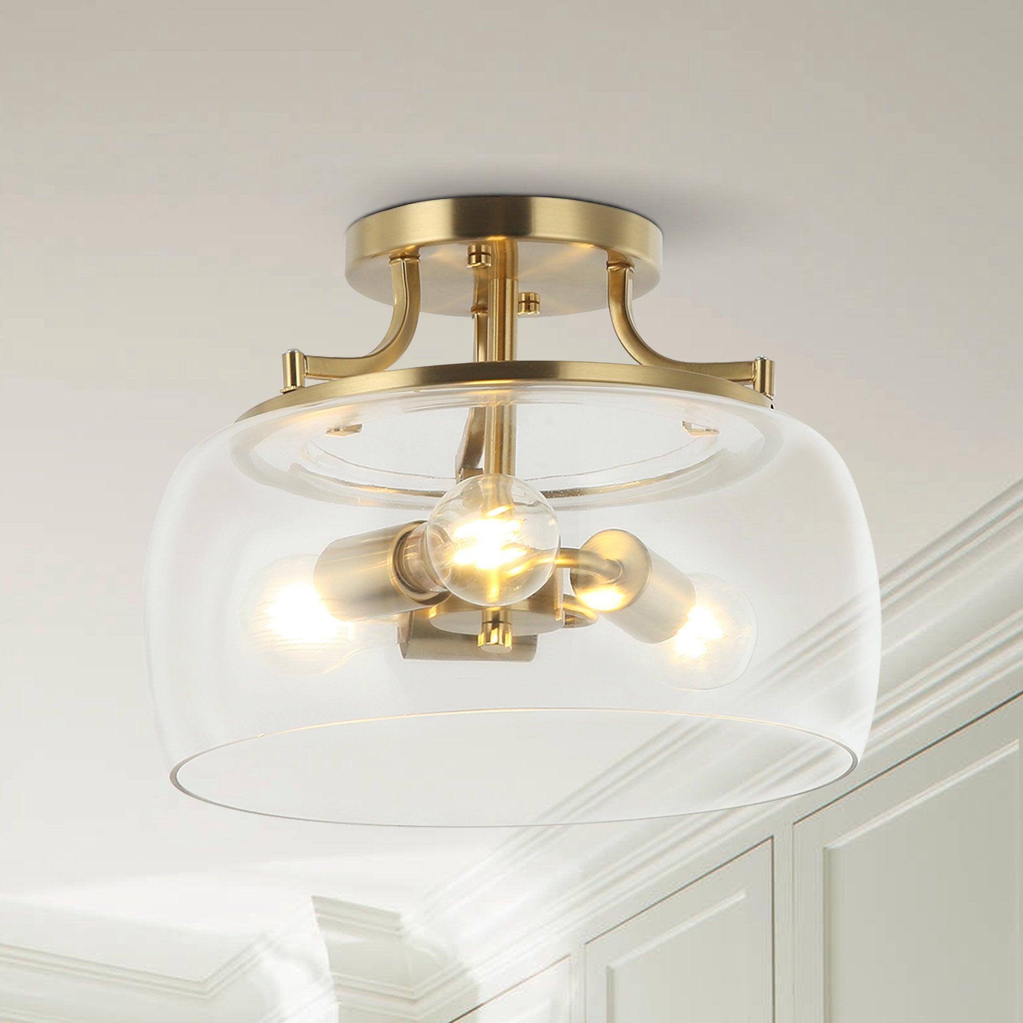 13 Inch 3 Light Brass Gold Semi Flush Mount Ceiling Light Fixture with Clear Glass Shade - Elegant Lighting for Dining Room, Bedroom, or Entryway
