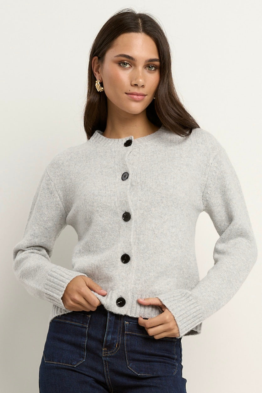 Crest Light Grey Marble Crewneck Cardigan for Women - Soft Knit Sweater for Casual Wear, Office Outfits & Fall Layering