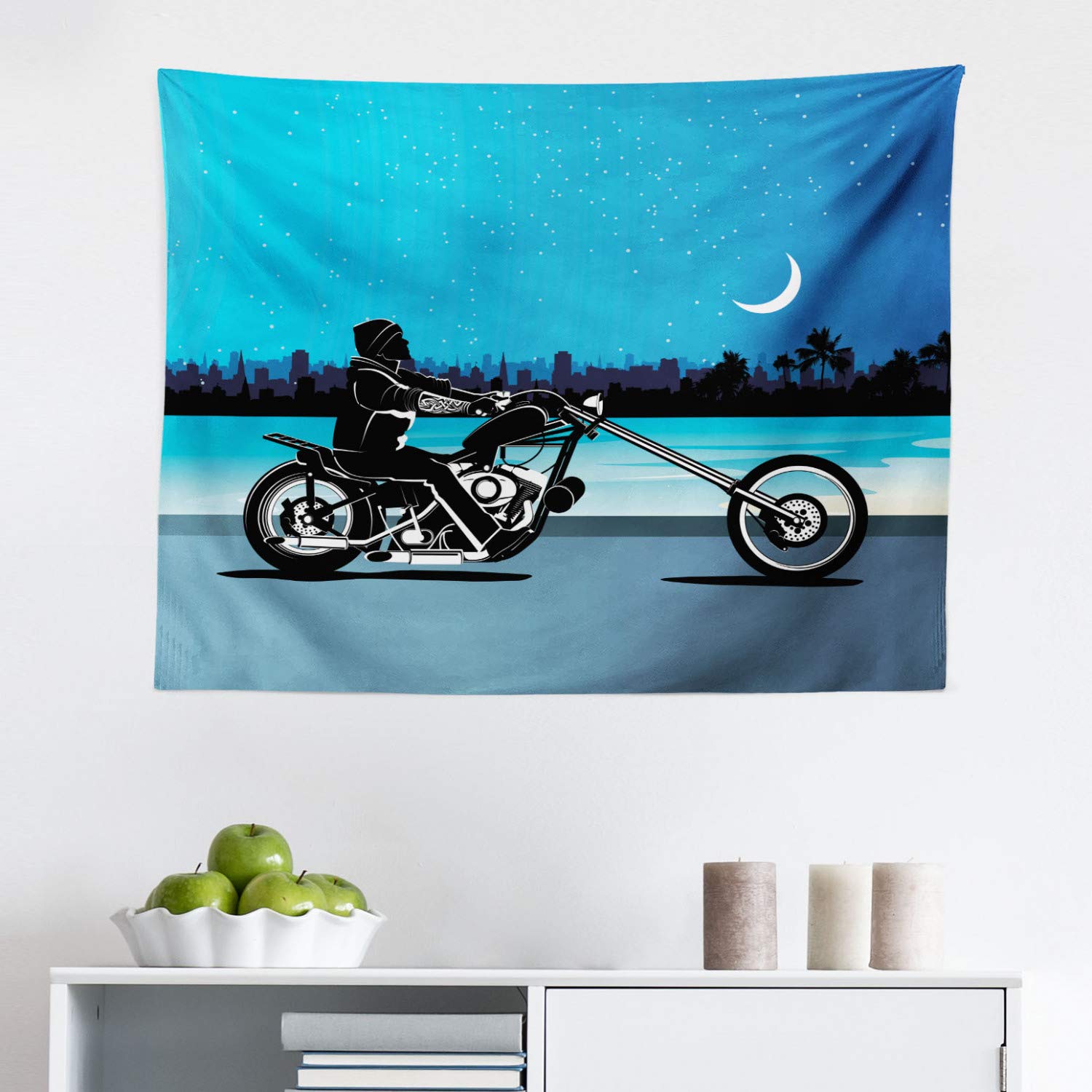 Ambesonne Motorcycle Tapestry - Chopper Biker Riding Starry Night Sky Cityscape Wall Art Decor | 28x23 Inch Black Navy Fabric Hanging for Bedroom, Living Room, Dorm | Perfect for Biker Gifts, Man Cave & Motorcycle Enthusiast Decor