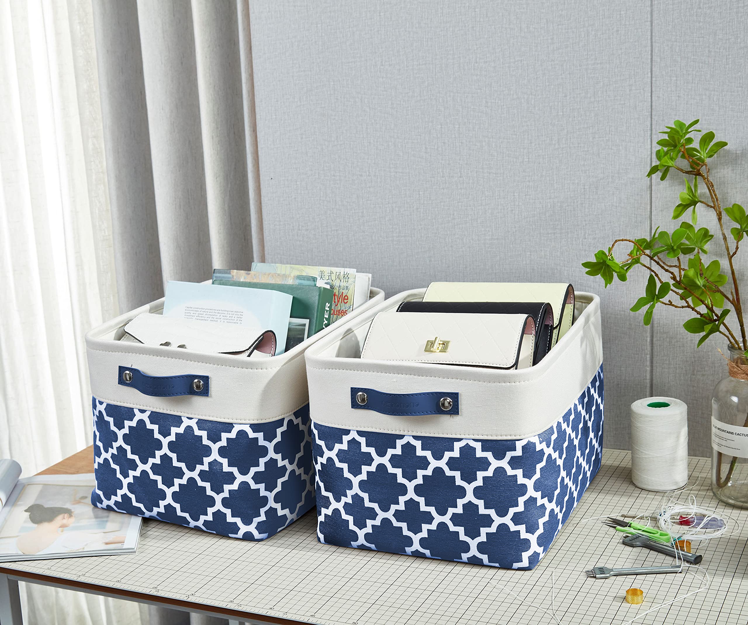 DECOMOMO Blue Fabric Storage Bins - Large 3-Pack Woven Baskets for Shelves, Closet Organization, Toys & Nursery Storage - Perfect for Home, Office & Kids Room Organization (Blue Patterns)