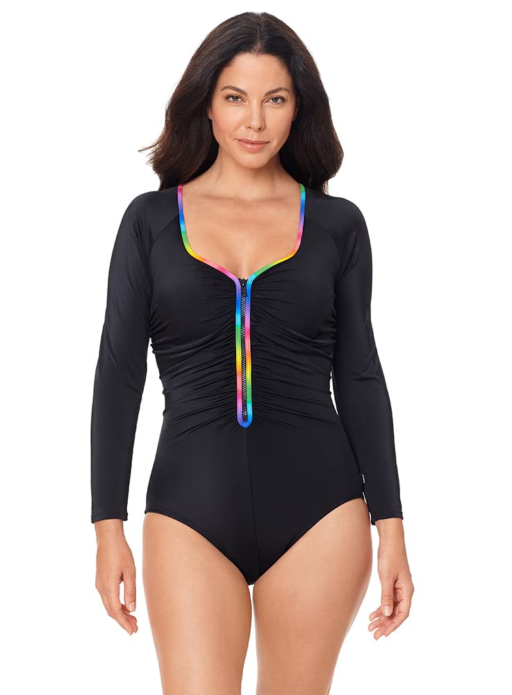 Reebok Women's Long Sleeve Colorblock Rashguard One Piece Swimsuit with Front Zipper - UPF 50+ Sun Protection for Surfing, Swimming & Beach Activities