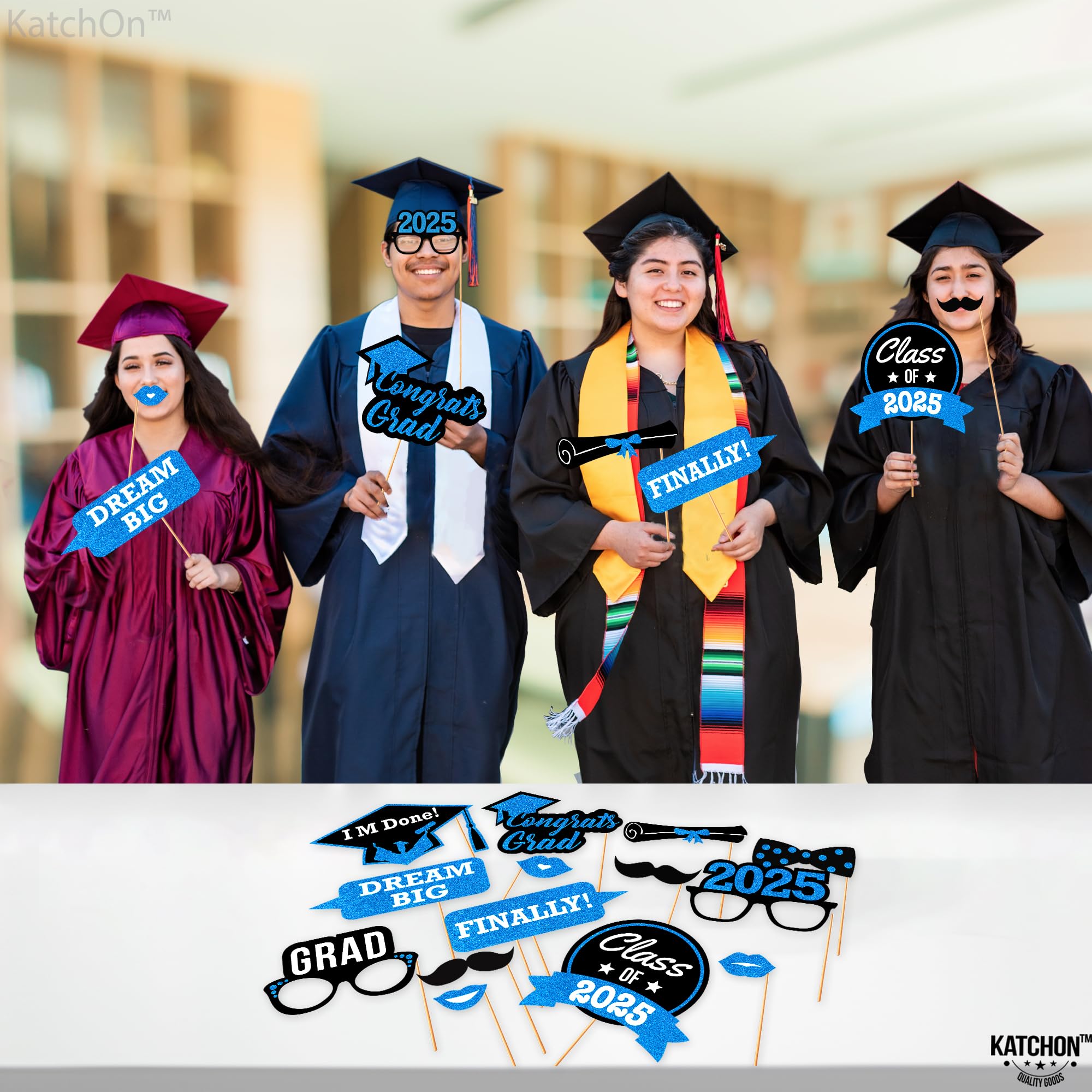 KatchOn 2025 Graduation Photo Booth Props - 21-Piece Glitter Decor Set for Class of 2025 | Blue Graduation Party Supplies, Photo Shoot Accessories & Celebration Favors | Perfect for Graduation Ceremonies, Parties and Memory Keepsakes