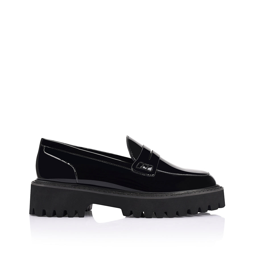 Trendy Neon Chunky Loafers - Black Patent Leather Women's Platform Shoes for Casual Wear & Street Style