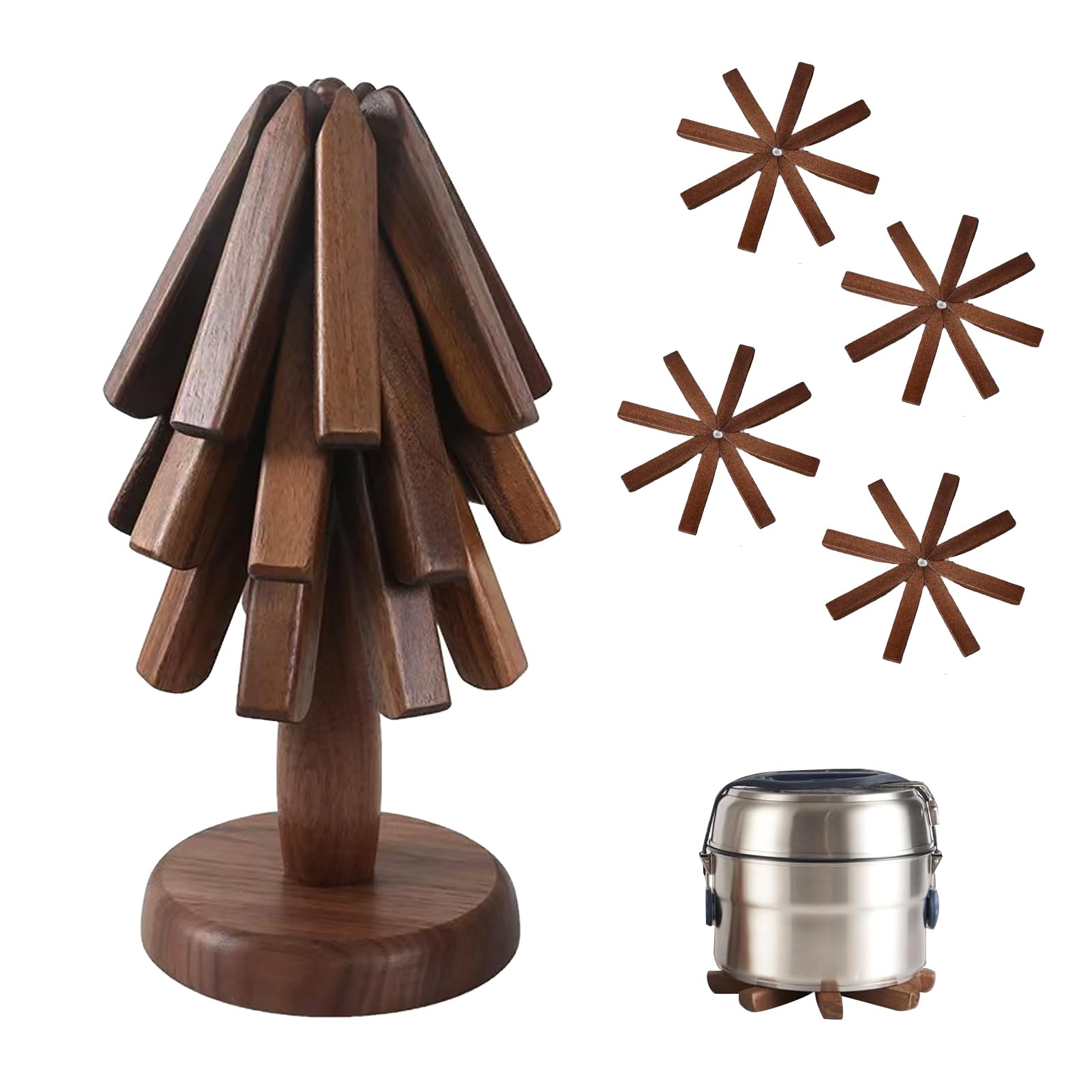 Wooden Tree Coasters & Trivets Set - 4pcs for Hot Pots & Pans (Walnut) - Perfect for Dining & Kitchen Protection