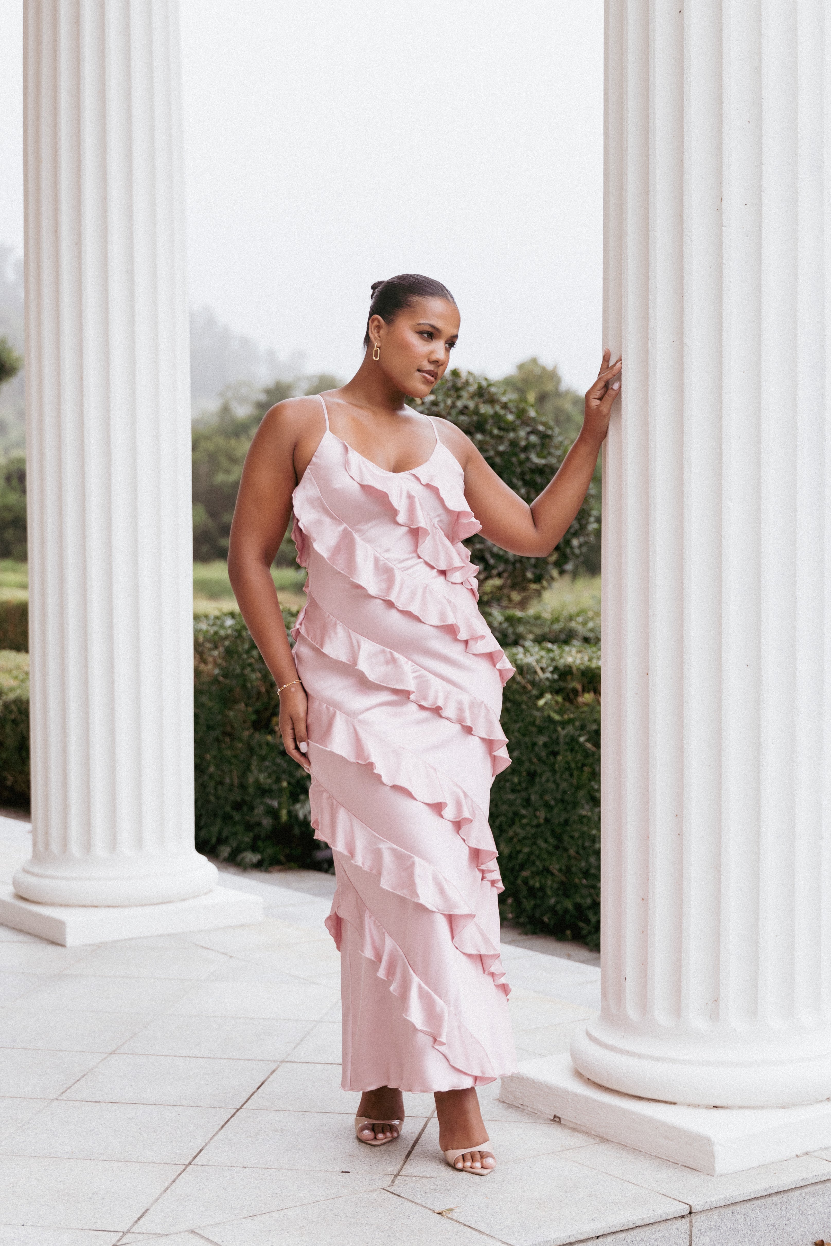 Elegant Ciao Ruffles Maxi Satin Dress in Pink - Perfect for Weddings, Parties & Special Occasions