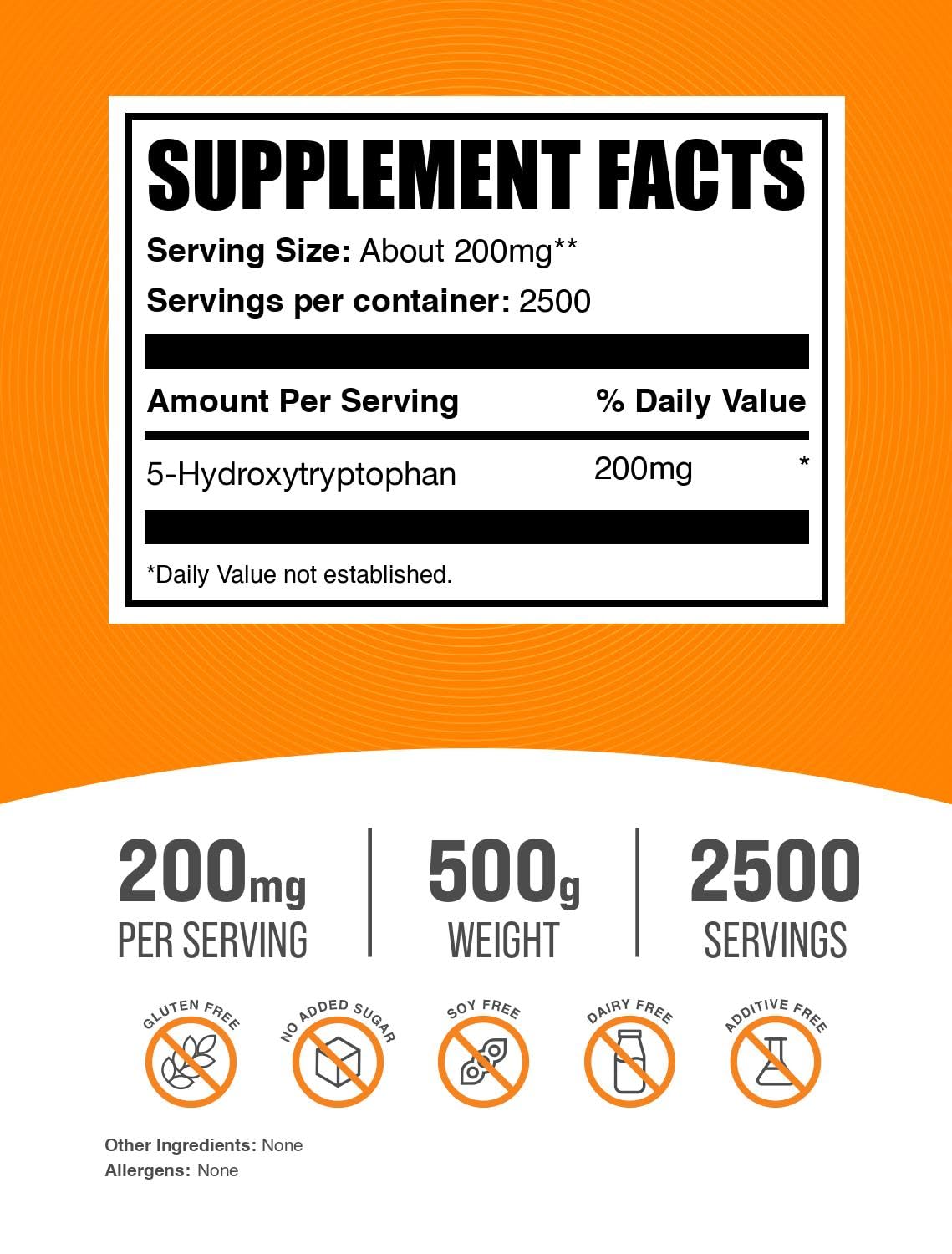 BulkSupplements.com 5-HTP Powder 200mg - 5-Hydroxytryptophan Mood Support Supplement, Gluten Free, 500g (1.1 lbs) - Promotes Relaxation & Better Sleep, Ideal for Stress Relief & Emotional Balance