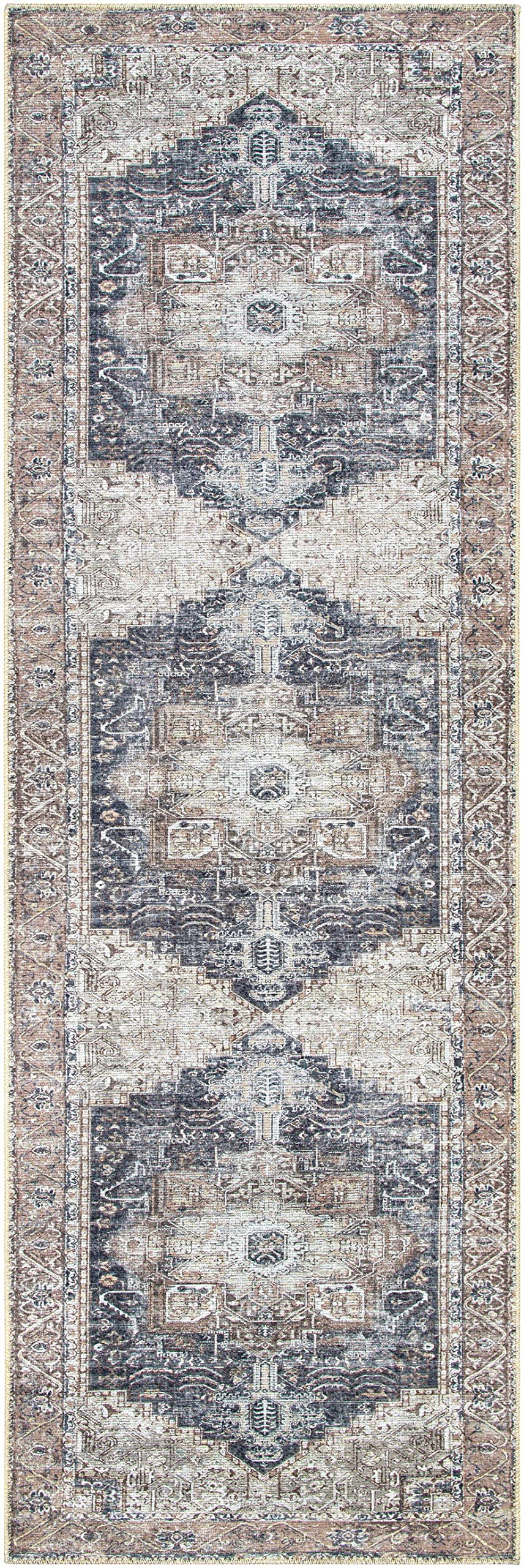 Machine Washable Traditional Runner Rug for Hallway & Kitchen - Beige, Light Brown, Navy - 2'7