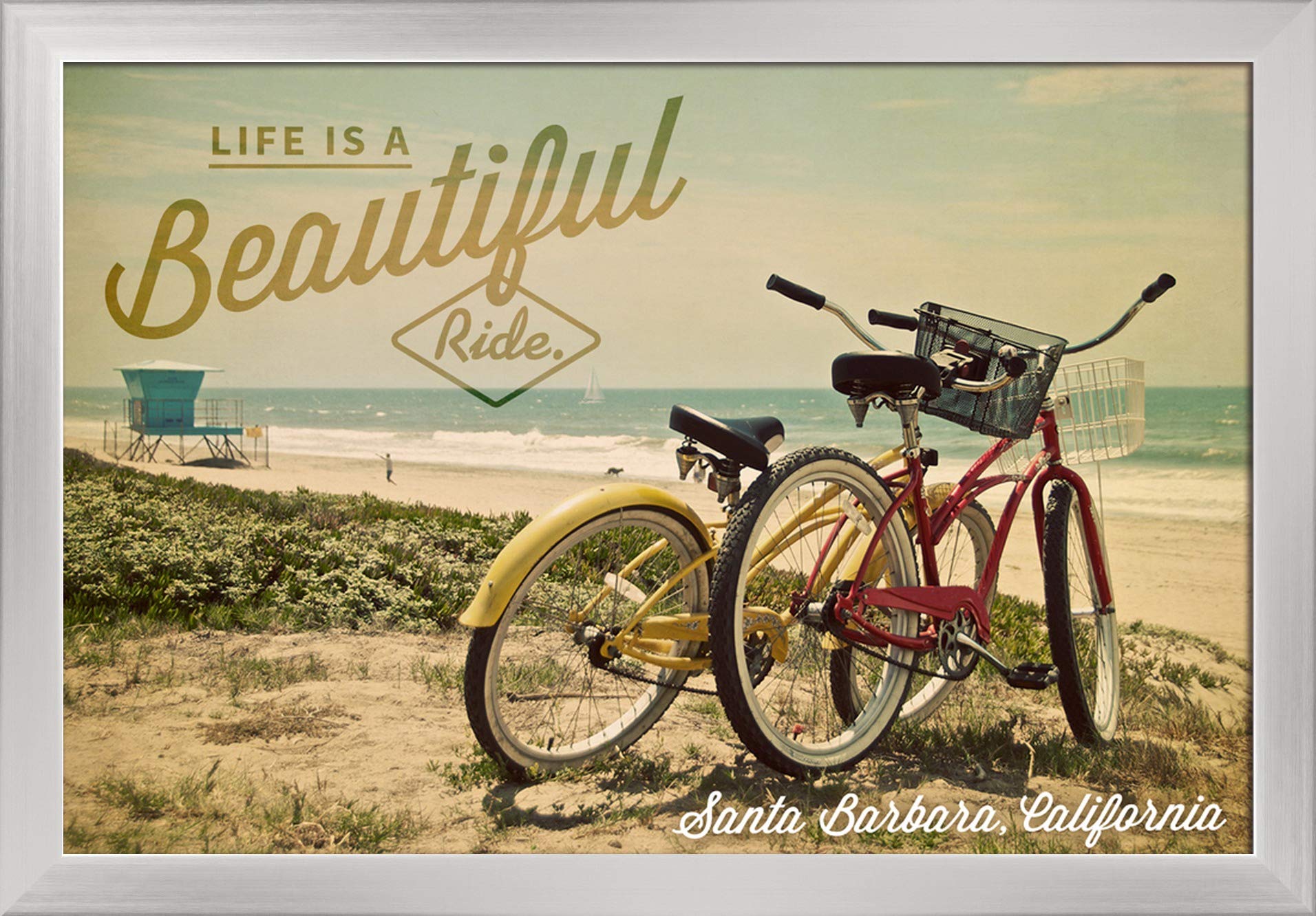 Santa Barbara California Beach Cruisers - 16x24 Giclee Fine Art Print with Recycled Wood Frame in Silver | Coastal Wall Decor for Living Room, Bedroom & Office
