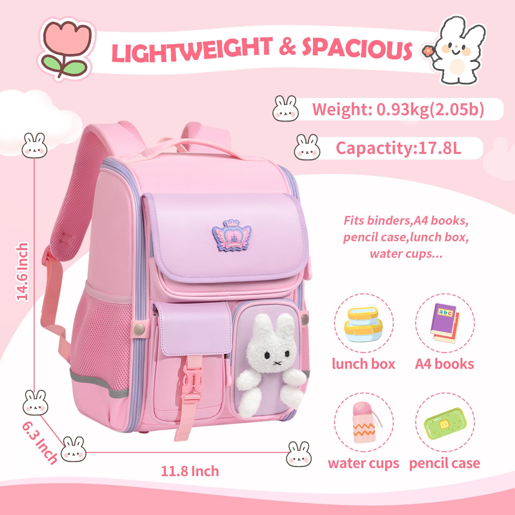 Cute Pink Girls Backpack for School - Large Capacity Waterproof Travel Bookbag for Elementary Kids Aged 6-12 | Perfect for Daily Use, Classroom, Outdoor Activities & Weekend Trips
